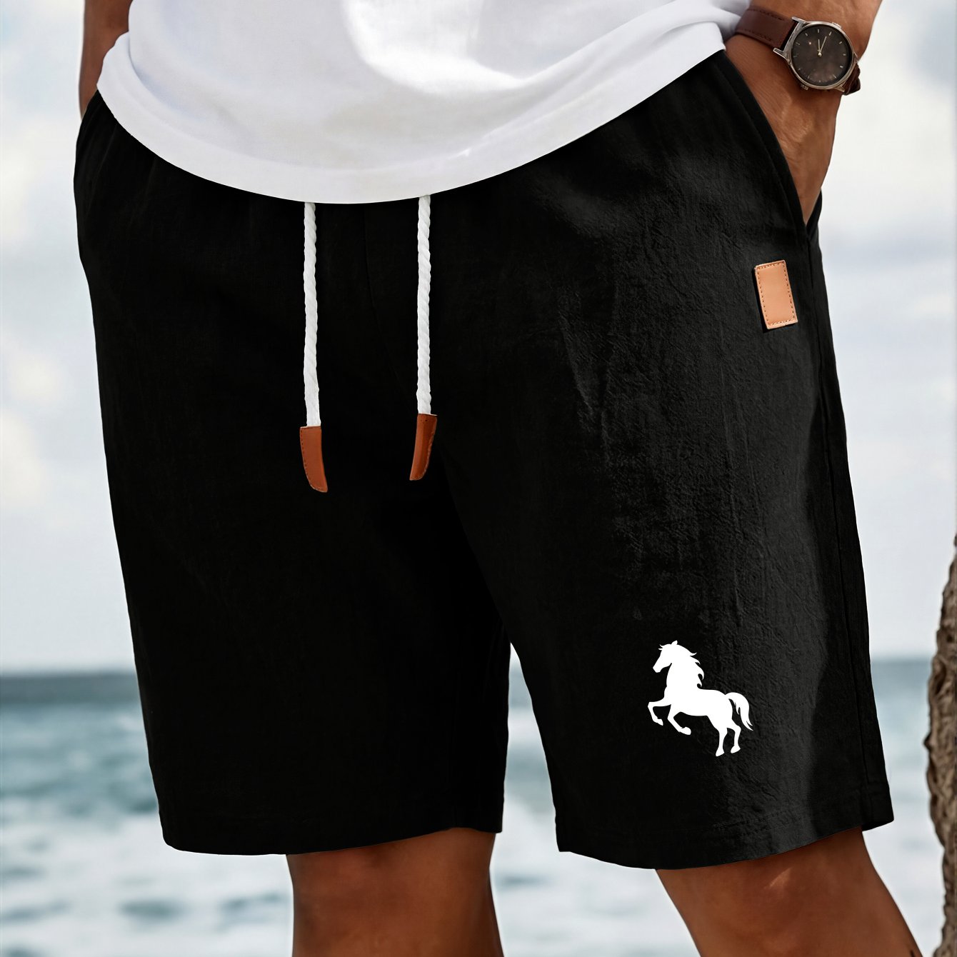 TEMU Men's Linen Shorts, Summer Drawstring Pocket Shorts, Elastic Waistband, Solid , Comfortable And Breathable, Classic And Stylish For Casual Daily