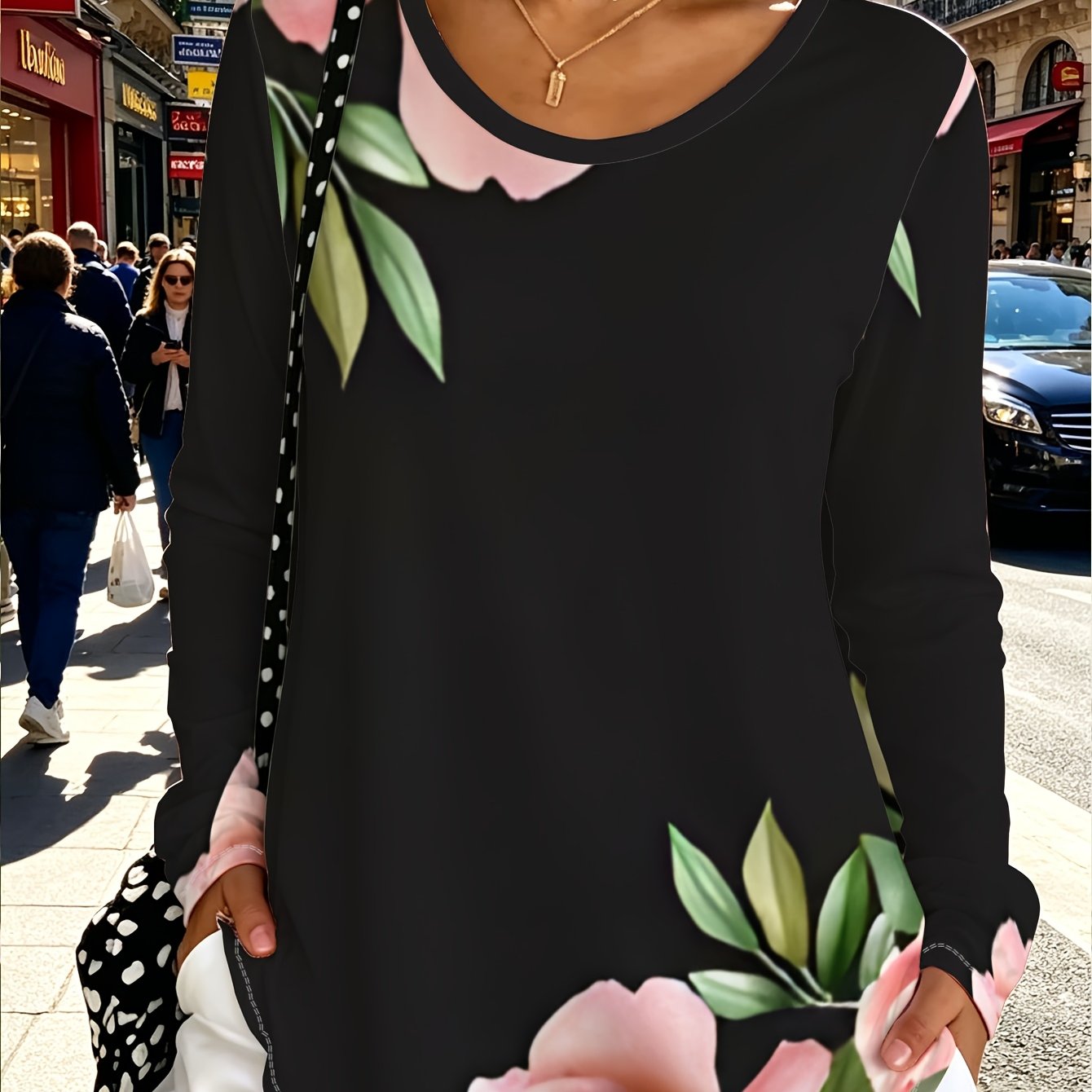 TEMU Plus Size Casual Women's Black Printed Rose Long Sleeve T-shirt, Women's Loose Casual Top, Fashion Floral Pattern Round Neck Blouse