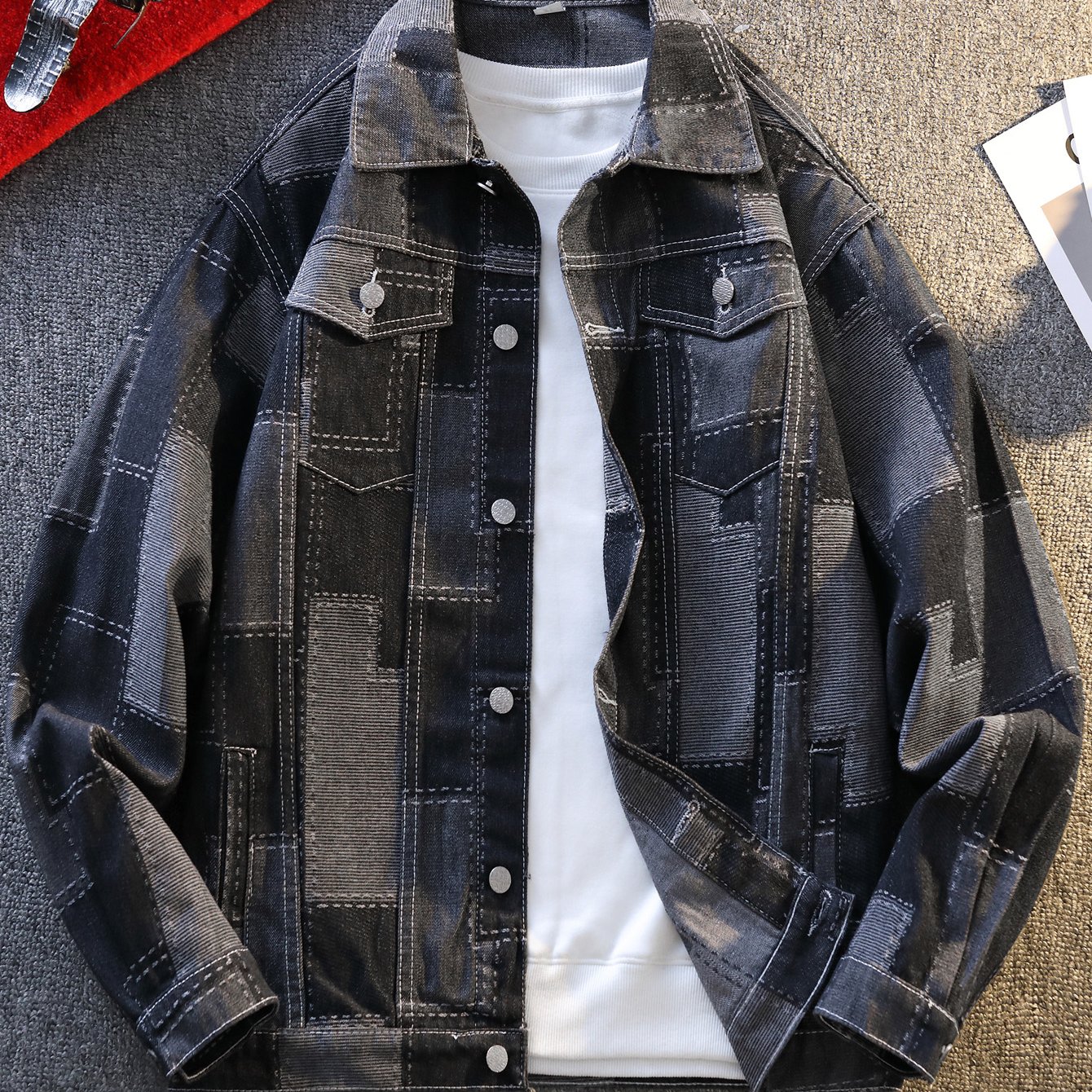 TEMU 【商品名】春秋用長袖ルーズフィットプライスドカウボーイジャケット ジャカードジャケット メンズ トレンディ 万能トップス