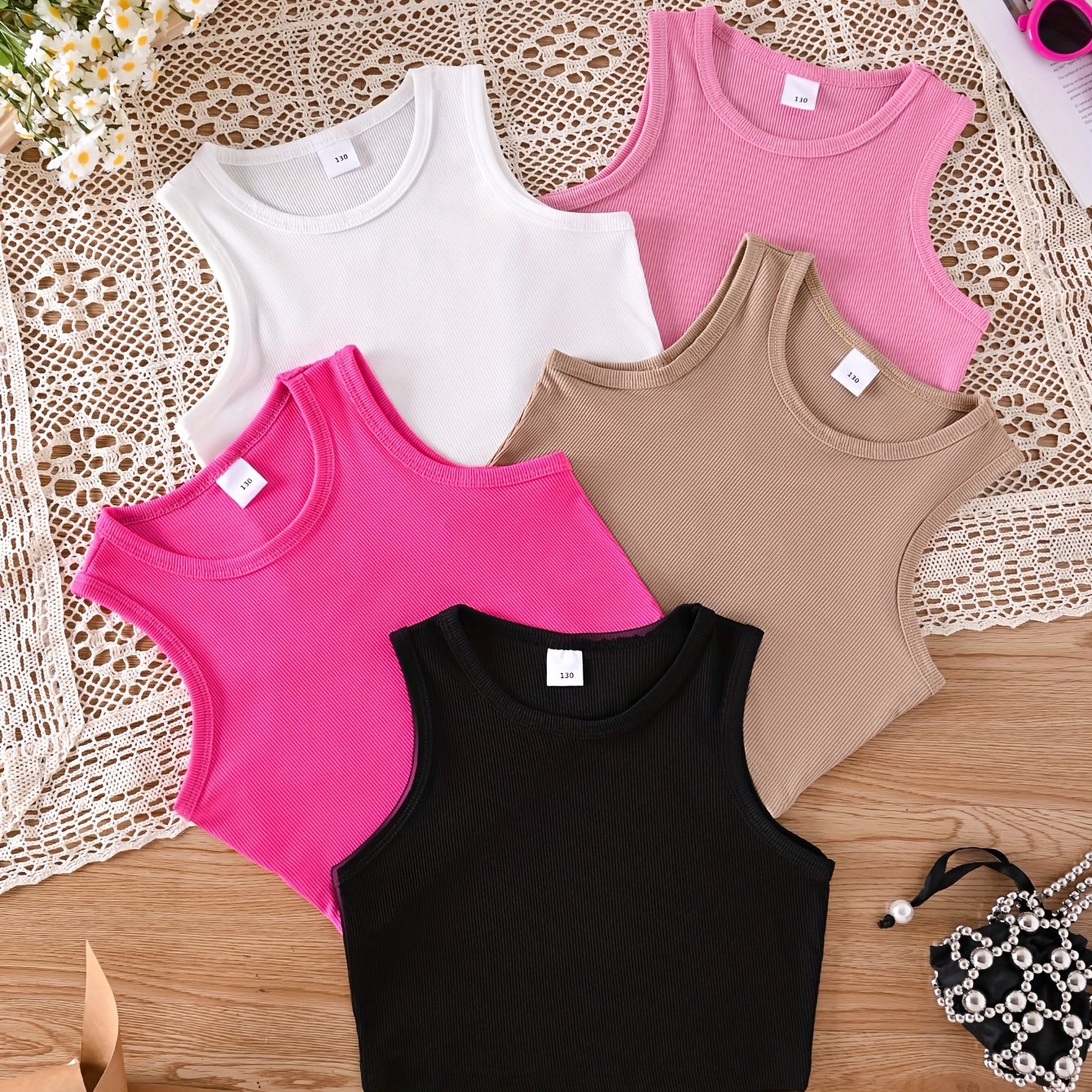 Image of Girls' 5pcs Summer Mixed Fashion Sports Vest, Striped Knitted Easy And Versatile, Suitable For Girls Under To Wear Outside, And
