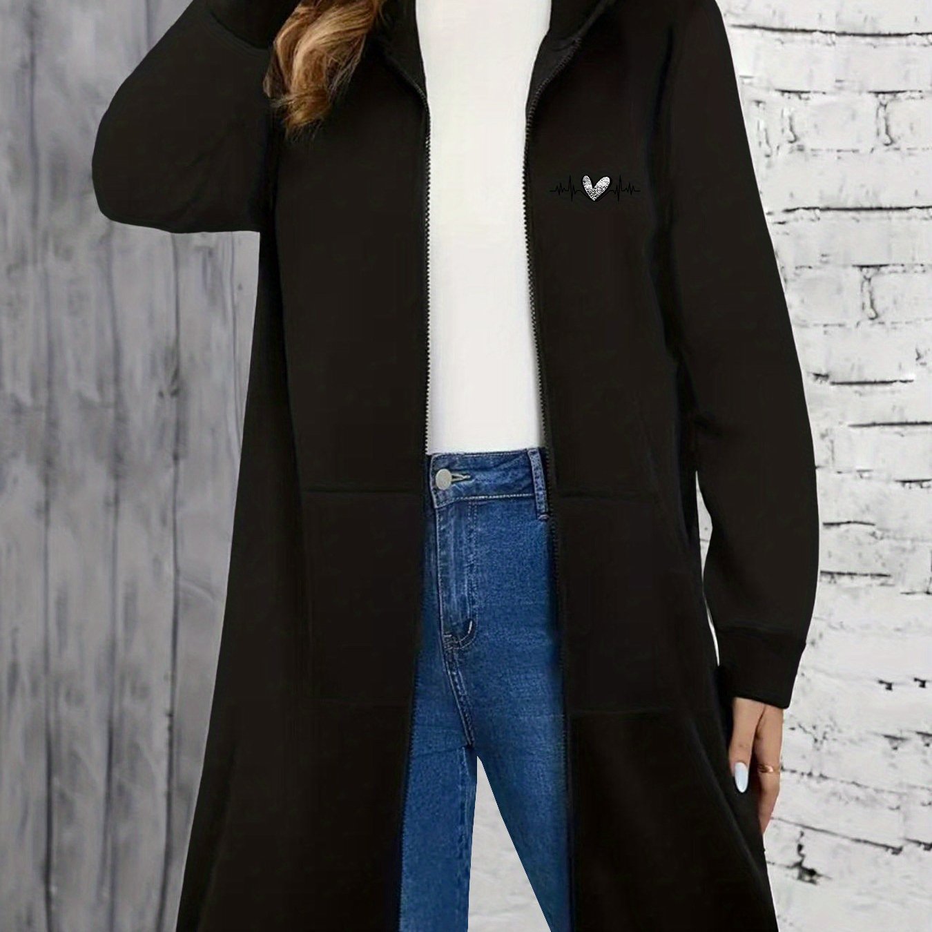 TEMU Fashion Print Women's Long Sleeve Zipper Pocket Hooded Long Coat Trench Coat
