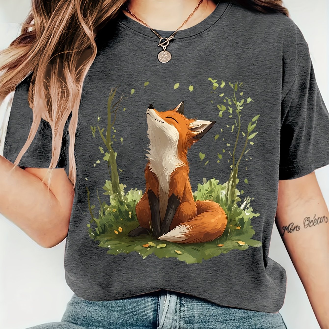 TEMU Women's Autumn Clothing Featuring A Spring Floral And Fox Print Round-neck Short-sleeve T-shirt, Comfortable, Soft, Stylish, Elegant, Vintage,