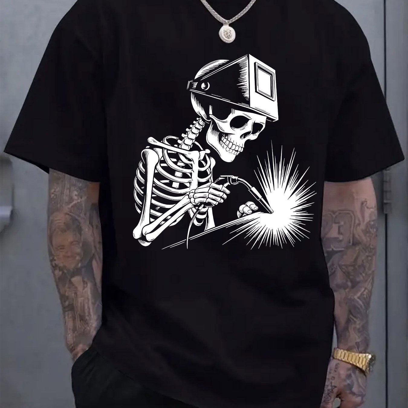 TEMU Men's Skull Welder Pattern Heat Transfer Print T-shirt - Lightweight Breathable Short Sleeve Crew Neck Casual Shirt, Daily Wear Fabric Top