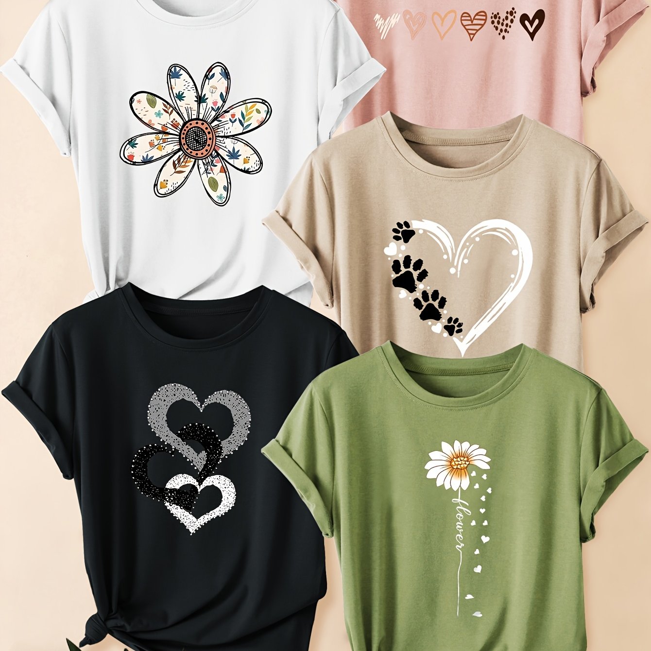 TEMU 5pcs Women's Retro Graphic Print T-shirts - Floral & Heart Designs, Round Neck Casual Tees For Gym, Training & Casual Attire, Machine Washable