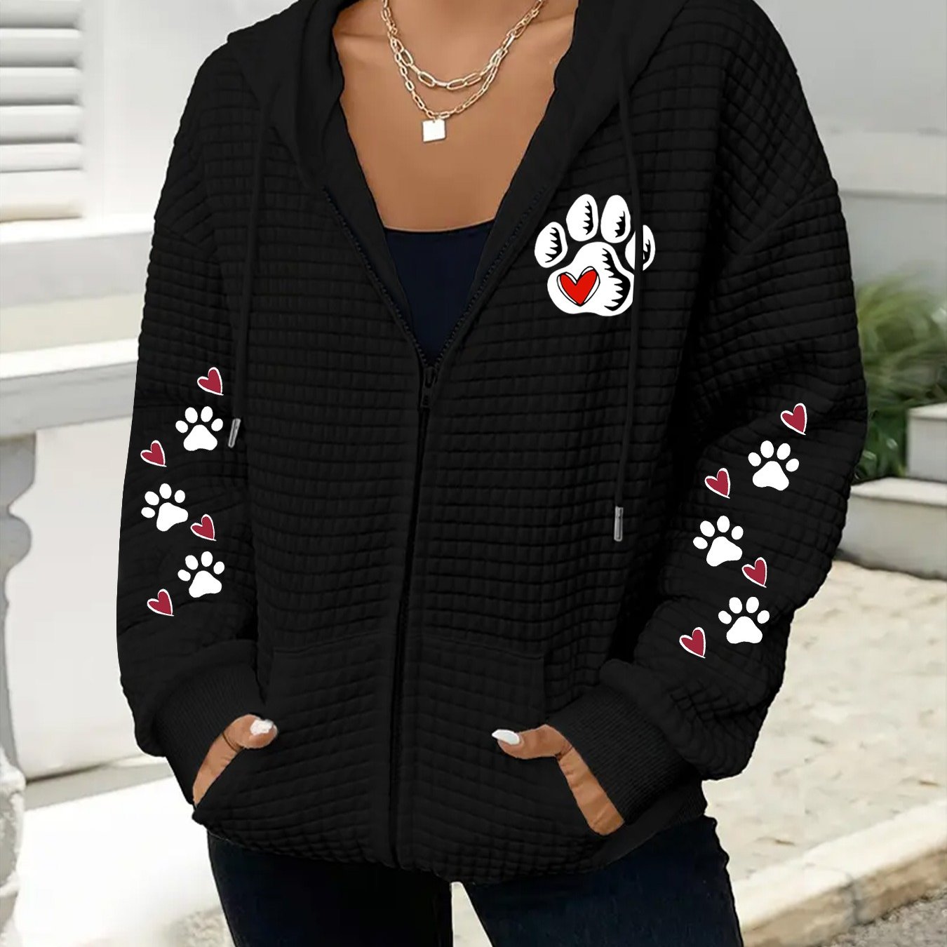 TEMU Plus Size, New Hot-selling Plus Size Women's Hooded Jacket, Plus Size Women's Fashion Waffle Hooded Sweatshirt Coat, Hoodie With Pockets, Casual