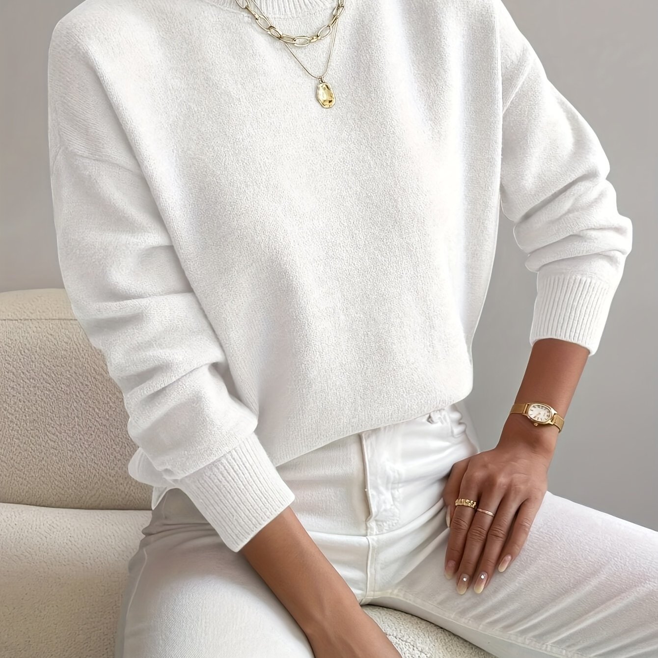 Women's Mid-collar Sweater, Warm Base Layer With Loose Drop-shoulder Sleeves, Soft And Comfortable Fashion Top