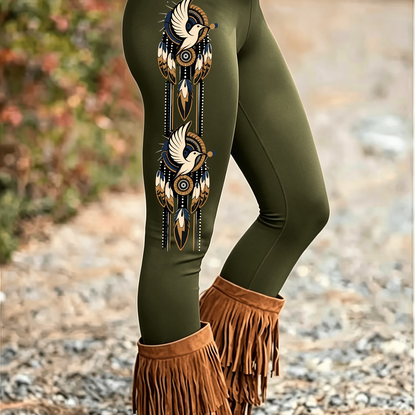 TEMU Ethnic Hummingbird Dreamcatcher Print High-waist Leggings, Casual Stretchy Tight Pants, Bohemian Style