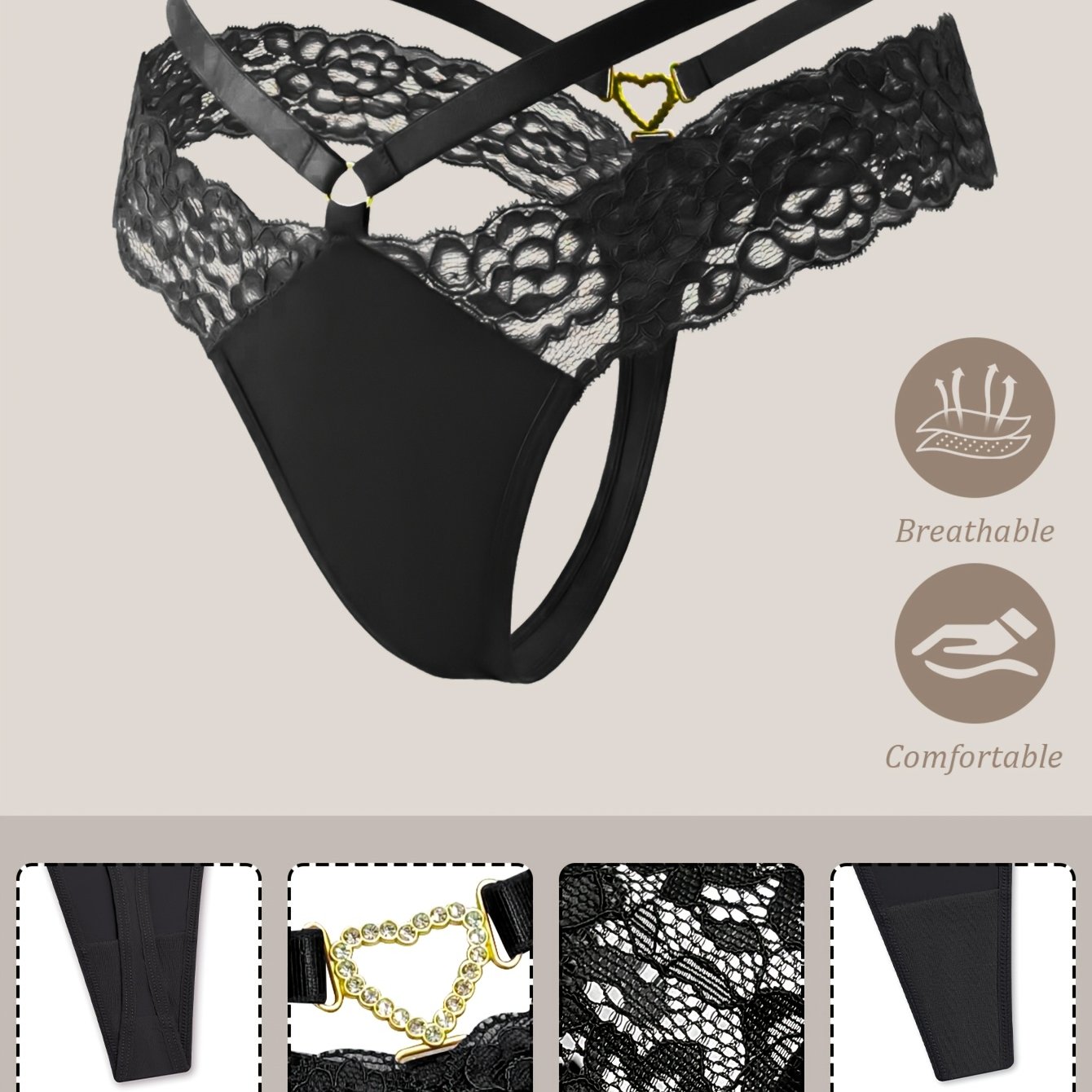 E-shop 1 Stück Damen Einfarbig Sexy Blumen Spitze Kreuzrücken Metallherz Bequemer V-String Tanga Unterwäsche