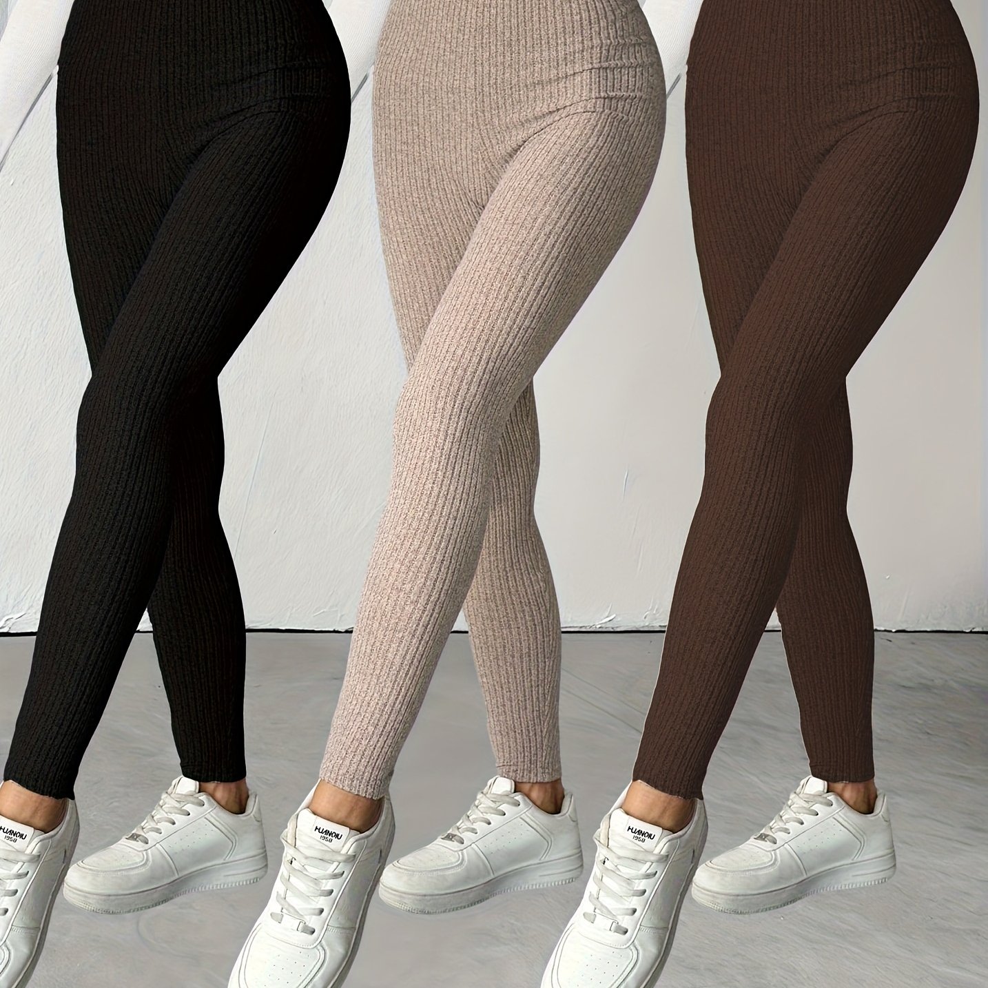 E-shop 3er-Pack High-Waisted Rippstrick-Leggings, Damen Alljahres-Sportbekleidung, Braune Stretch-Sporthosen, Hochelastischer Rippstoff, Bequeme