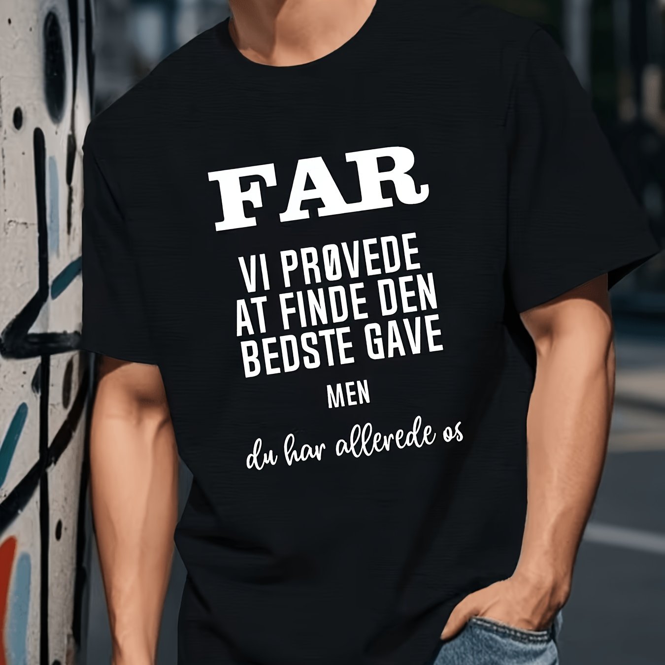 TEMU Men's Danish Short Sleeve T-shirt - Casual Round Neck Summer Top With Danish Text Print, Machine Washable, Ideal For Father's Day Gift, Casual