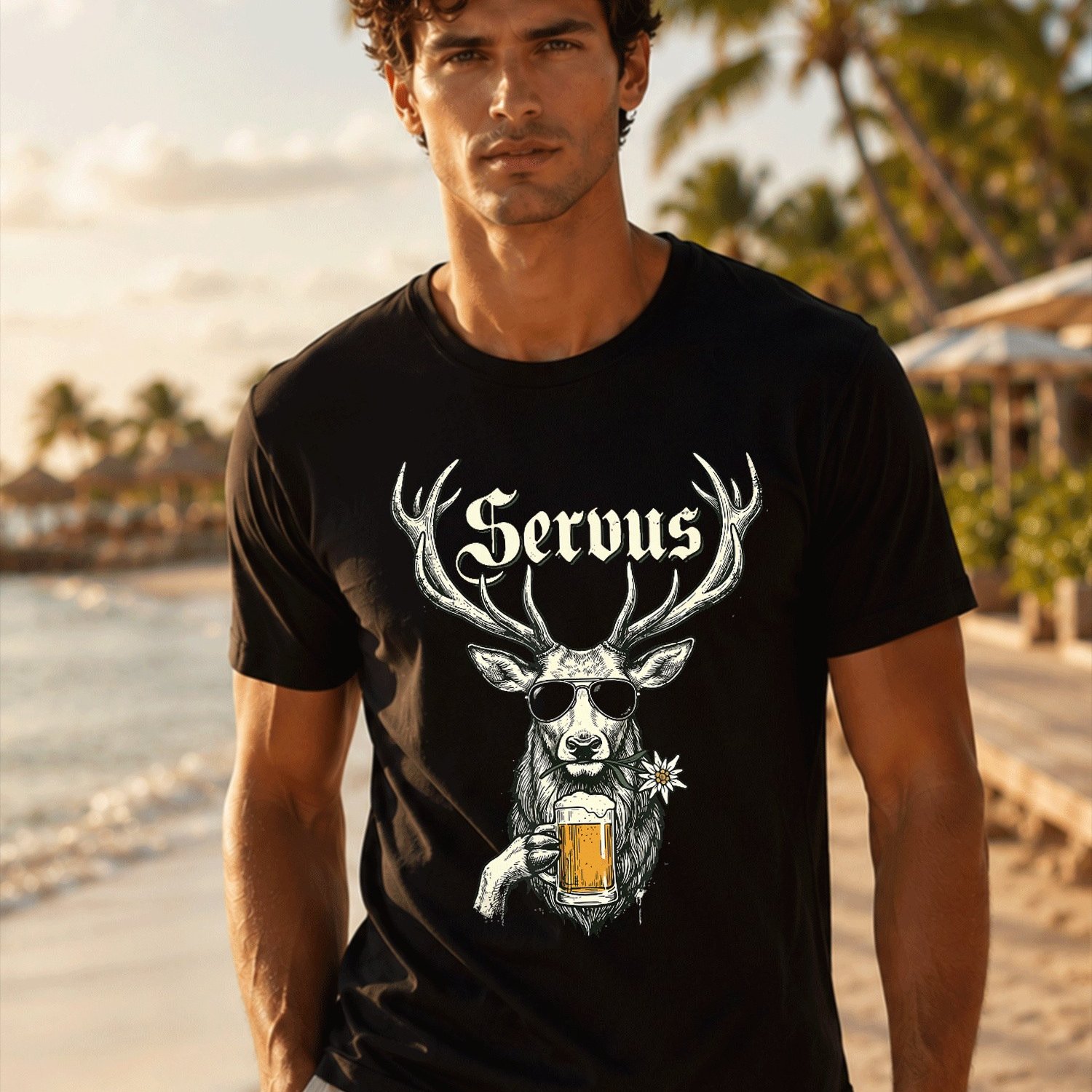 Image of Servus Hirsch Bier Tracht Lustig Bayern Trachten T-shirt For Men Summer Casual T-shirt- Lightweight Tee For Seaside Vacation, Beach Resort