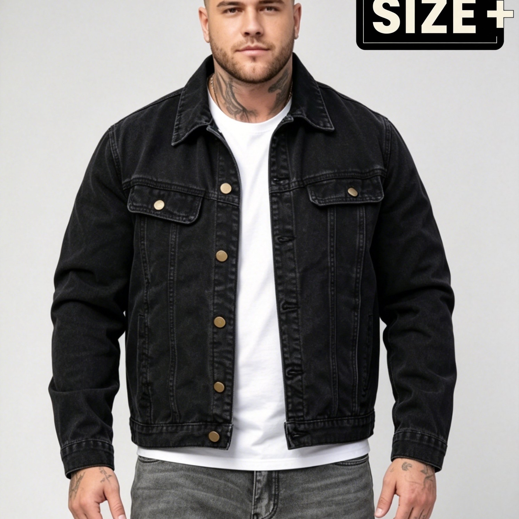 Image of [hme]200 New Plus Size Denim Jacket, Trendy Retro , Oversized -fit Jacket, 3d Tailored Spliced Lapel Design, Wearable , Single-breasted Buttons, Fashion Trendy Oversized Men's Denim Coat