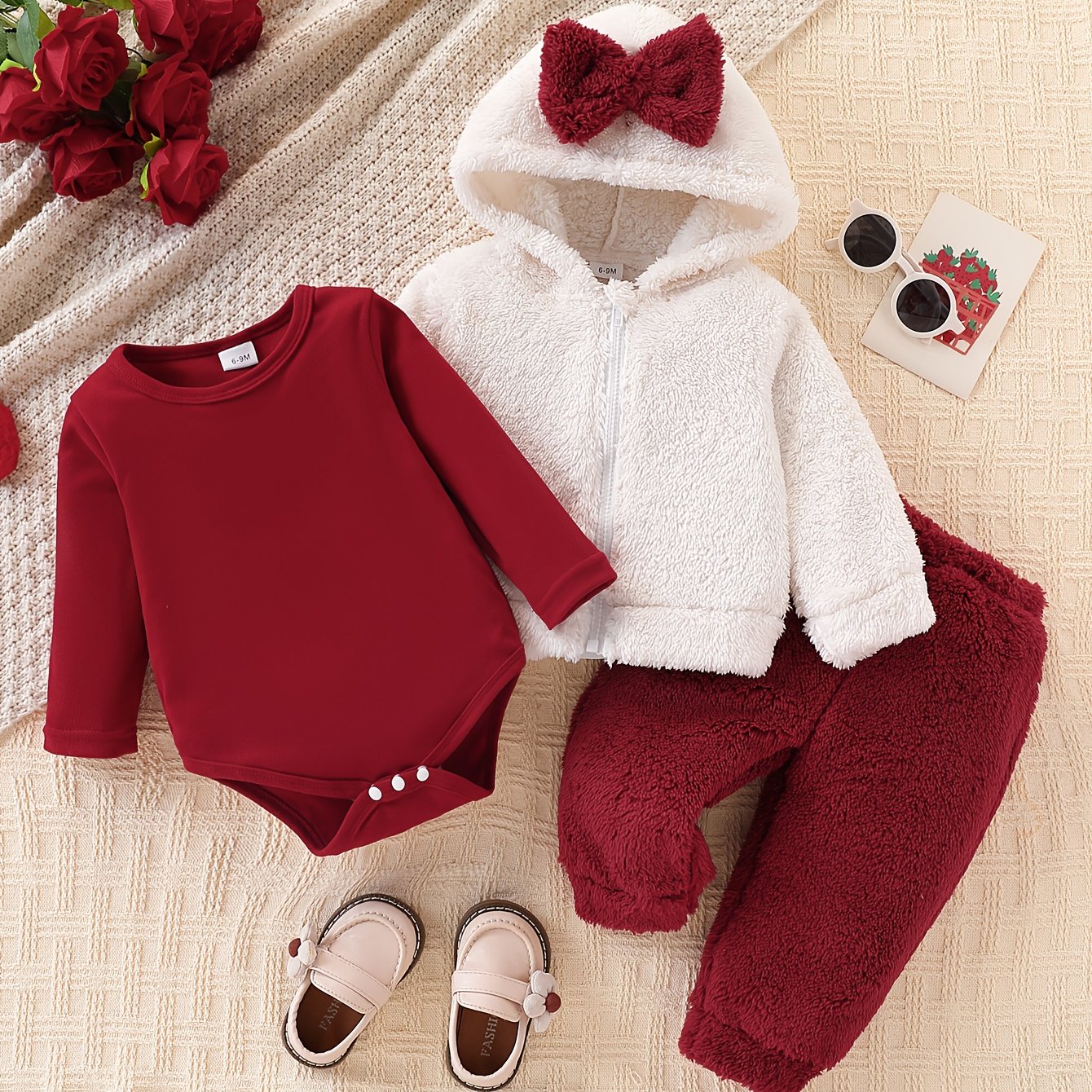 Image of 3pcs Newborn Baby Set Plush Zipper Hoodie Bow Decor Long Sleeve Jacket And Triangle Bodysuit And Long Pants Outfit Winter, For Outdoor