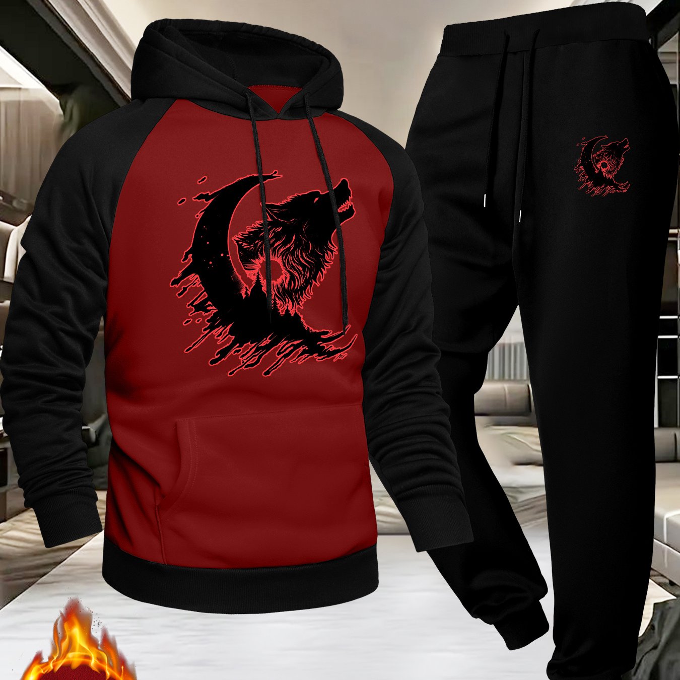 TEMU Men's Casual Sports Hoodie Set With Raglan Sleeves, Featuring A Wolf Graphic Print And A Design, Perfect For A Trendy And Versatile Look