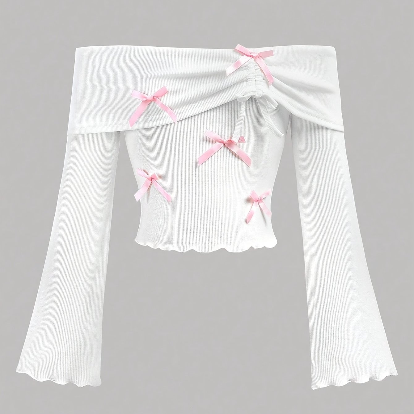 Image of Girls' Autumn And Winter Casual Fashion Solid Color Cute Bow Off-shoulder Fitted Top, Suitable For Parties, , Camping, Daily Wear, ,halloween
