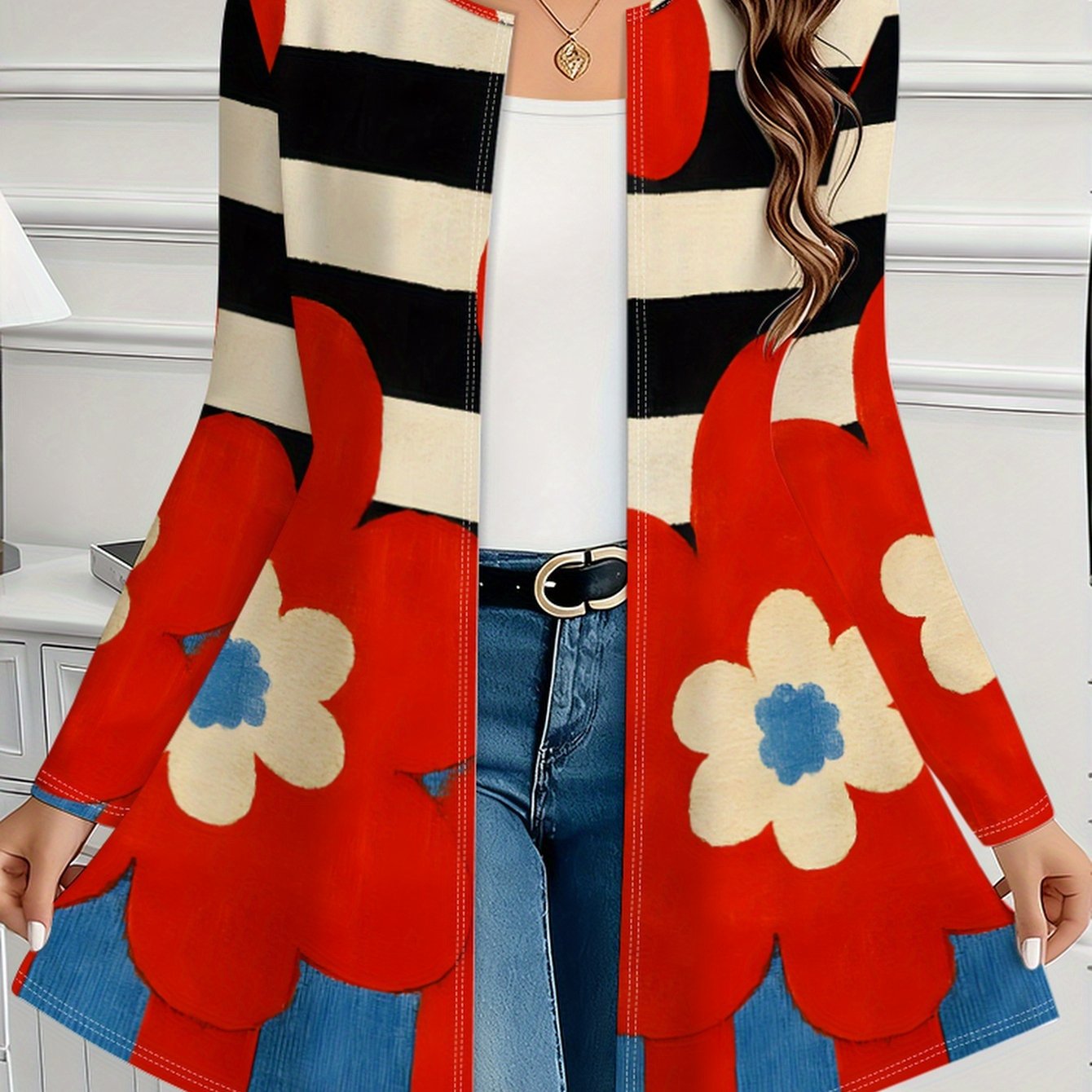 TEMU Veste décontractée légère pour femme à ouverture , style élégant, avec imprimé intégral élégant à motif floral à rayures et dessin de couleurs -