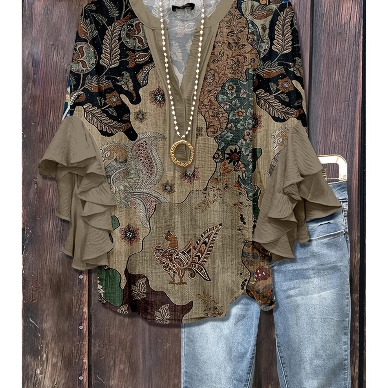 Plus Size, Plus Size Women's Bohemian V-neck Shirt Taupe Floral Print Top With Ruffle Sleeves Casual Breathable Machine Washable Pullover