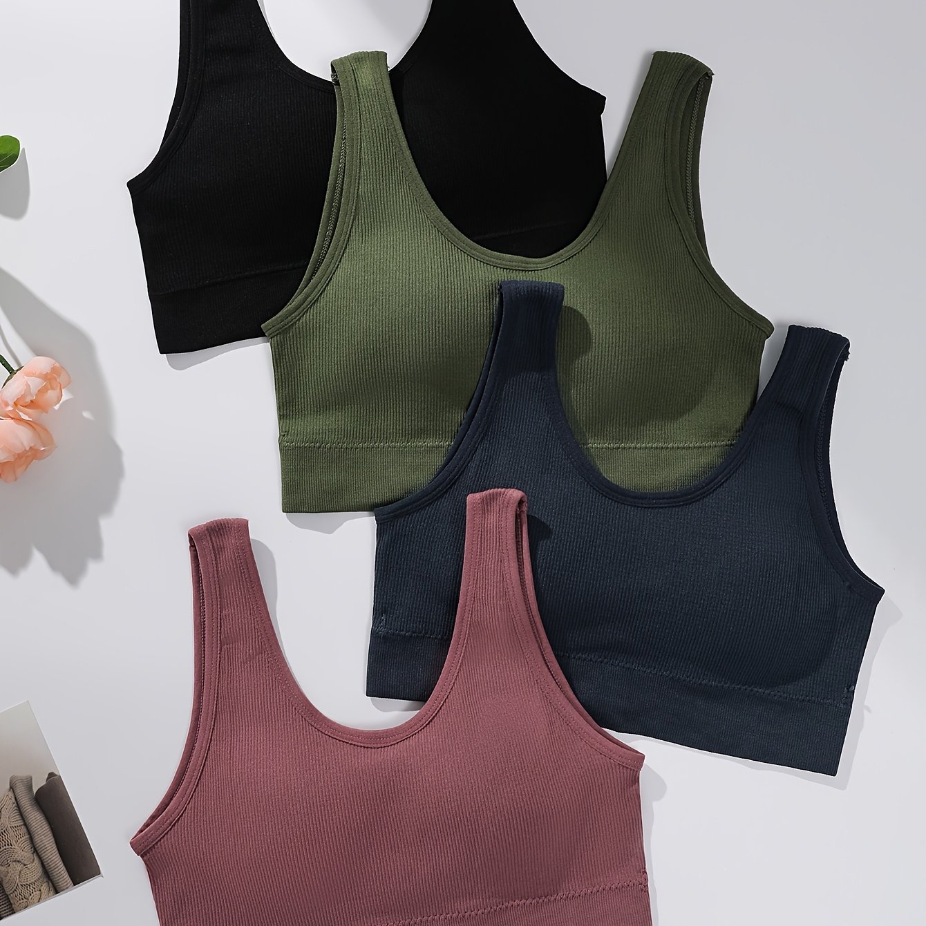 TEMU 4pcs Women's Wire-free Sports Tank Tops With Removable Pads - Seamless , Breathable Fabric, Solid Colors (black/olive/blue/navy/pink) For Gym,