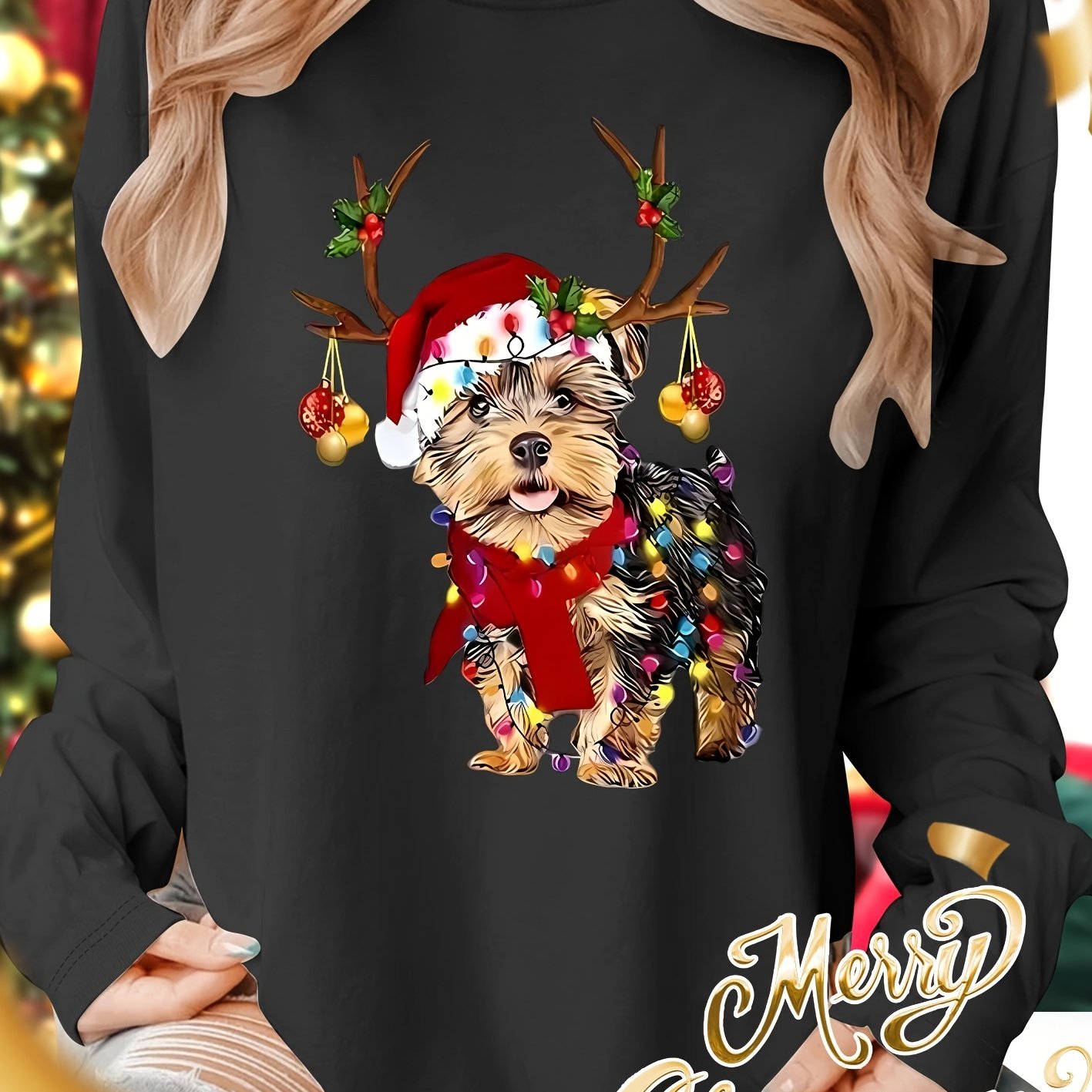 TEMU Christmas Puppy Print Pattern Casual Crew Neck Women's Plus Size Long Sleeve Top Autumn T-shirt, Casual And Elegant Style, Fashionable For