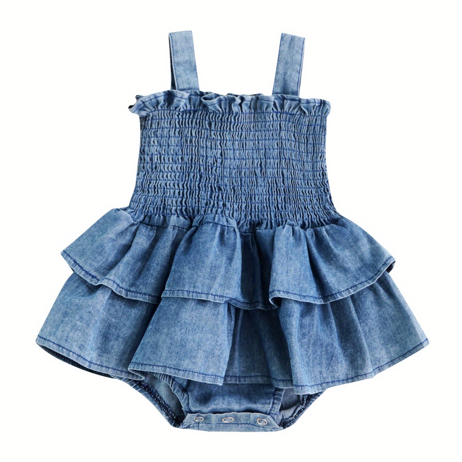 TEMU Adorable Blue Denim Baby Girl Romper Dress - Sleeveless, Layered Skirt Design, Stretchy & Comfy Summer Onesie For Newborns To 18 Months, Hand Wash Or , Outdoor