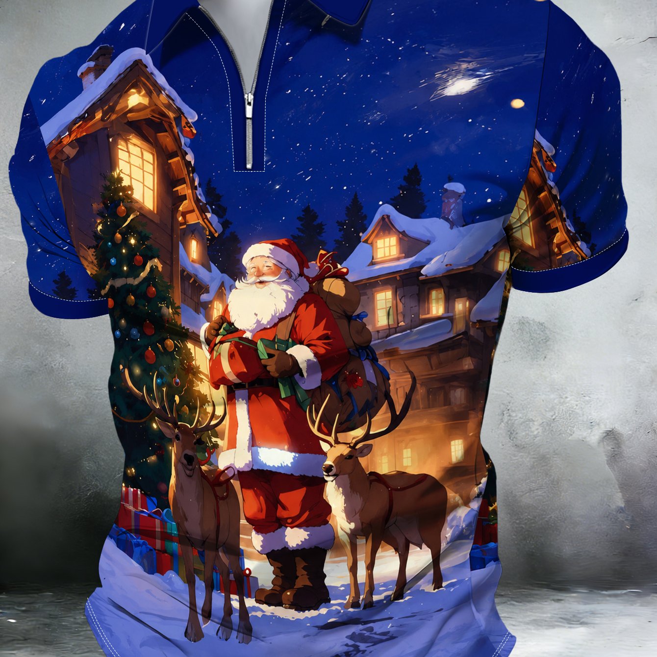 TEMU Christmas Night Santa Reindeer Print Men's Zip Shirt, Stylish Casual Lapel Short Sleeve Top With Festive Snowflake Pattern, Women's Clothing