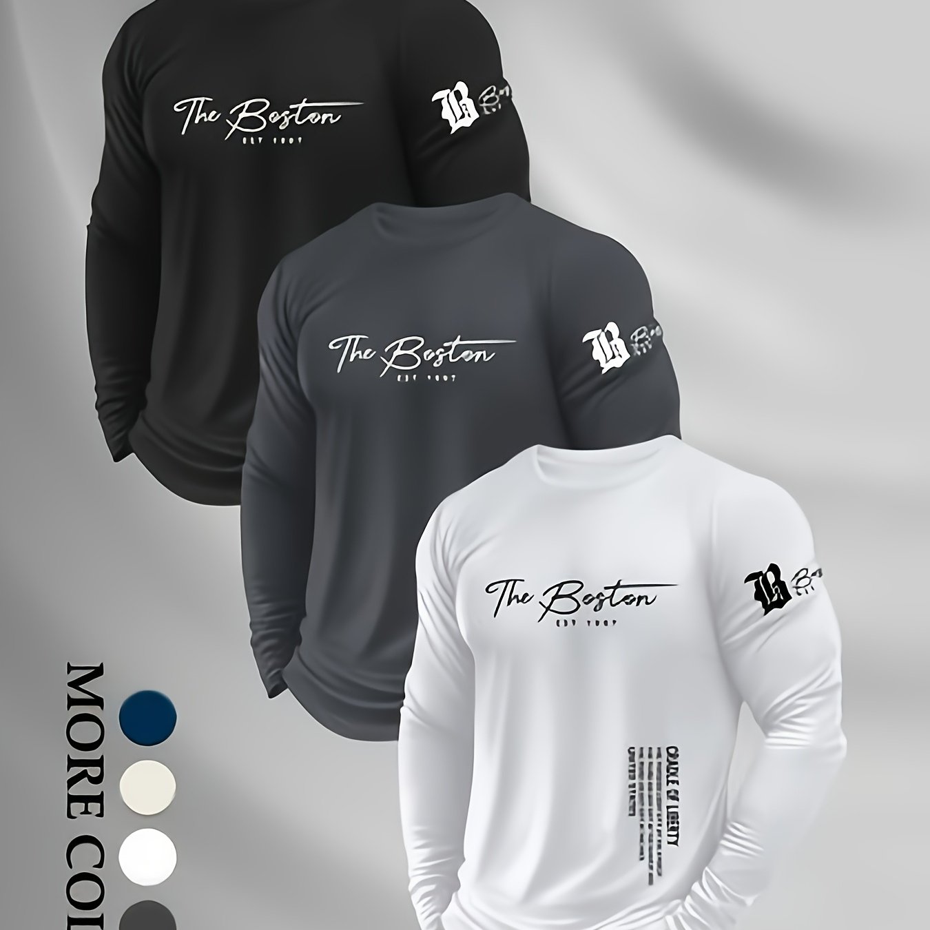 TEMU 3pcs Men's Round Neck Long Sleeve T-shirt Set - Casual Knit Polyester Tops, Slight Stretch, Basic Lettering