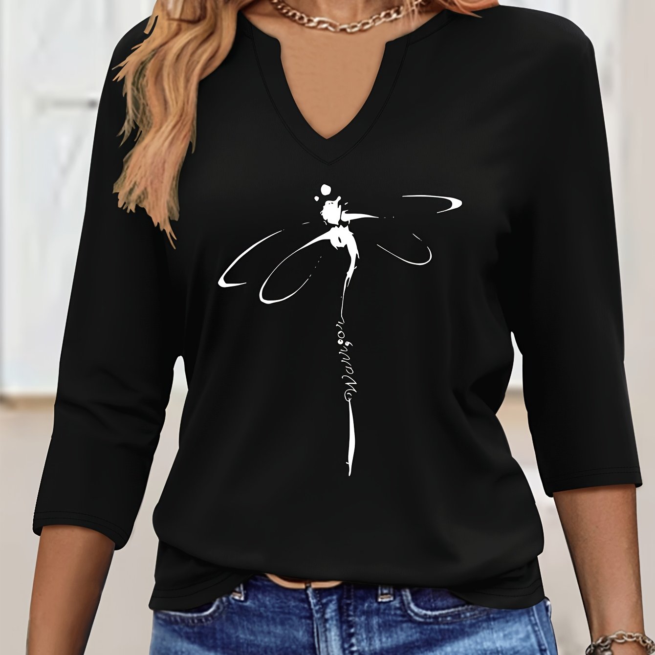 TEMU Graphic Print T-shirt, V-neck Three-quarter Sleeve T-shirt, Elegant Solid Color Top For Spring And Summer, Women's Wear