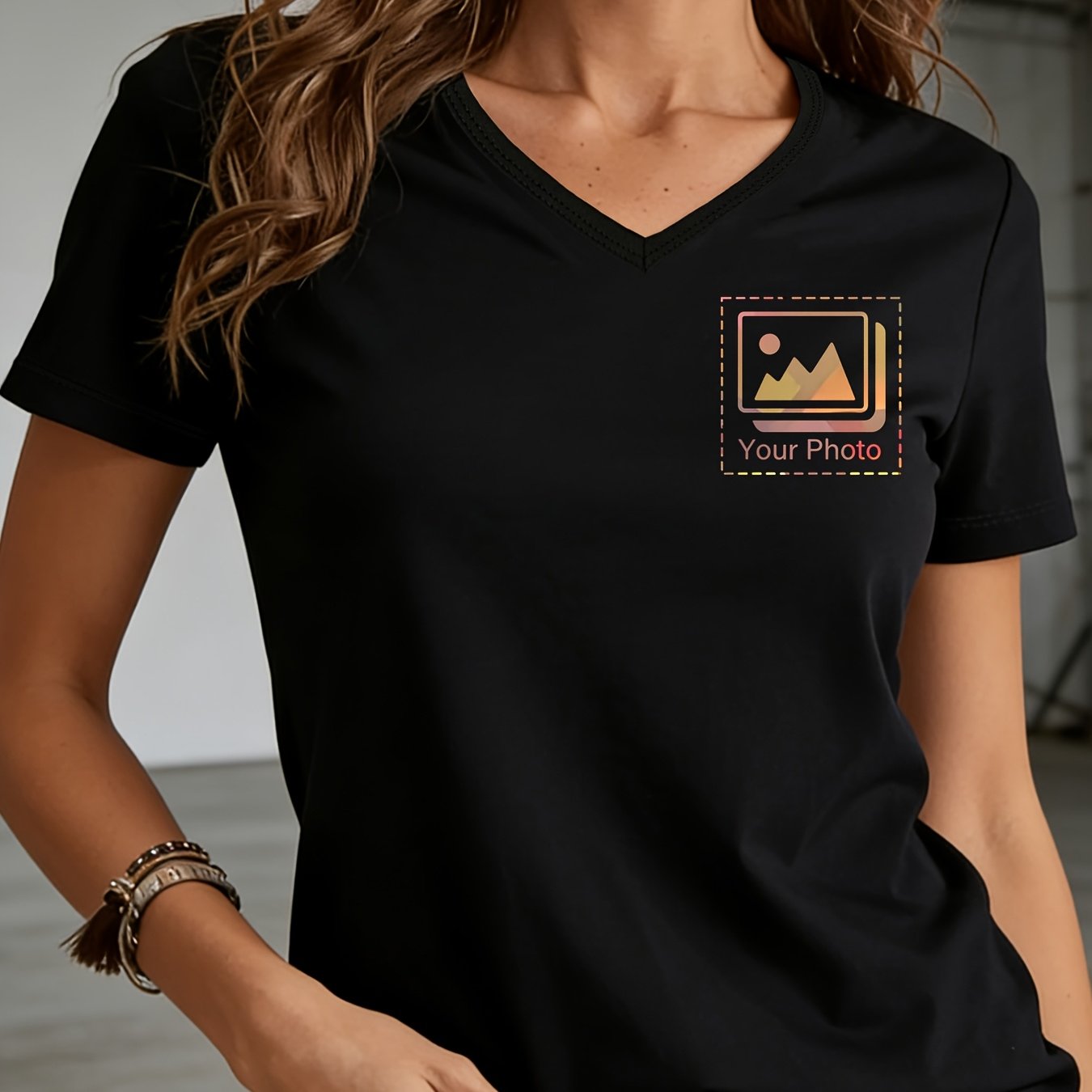 TEMU Custom Printed Pattern V-neck Short Sleeve, Street Fashion Casual Top, Trendy Versatile Style, Customizable With Your Pattern #b2