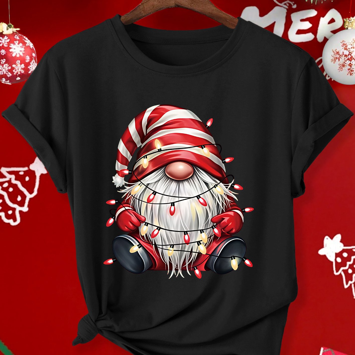 TEMU Women's Plus Size Christmas T-shirt - Striped Gnome Elf Print Short Sleeve -compatible Top | Stretch Crew Neck Loose Fit Suitable For Parties,