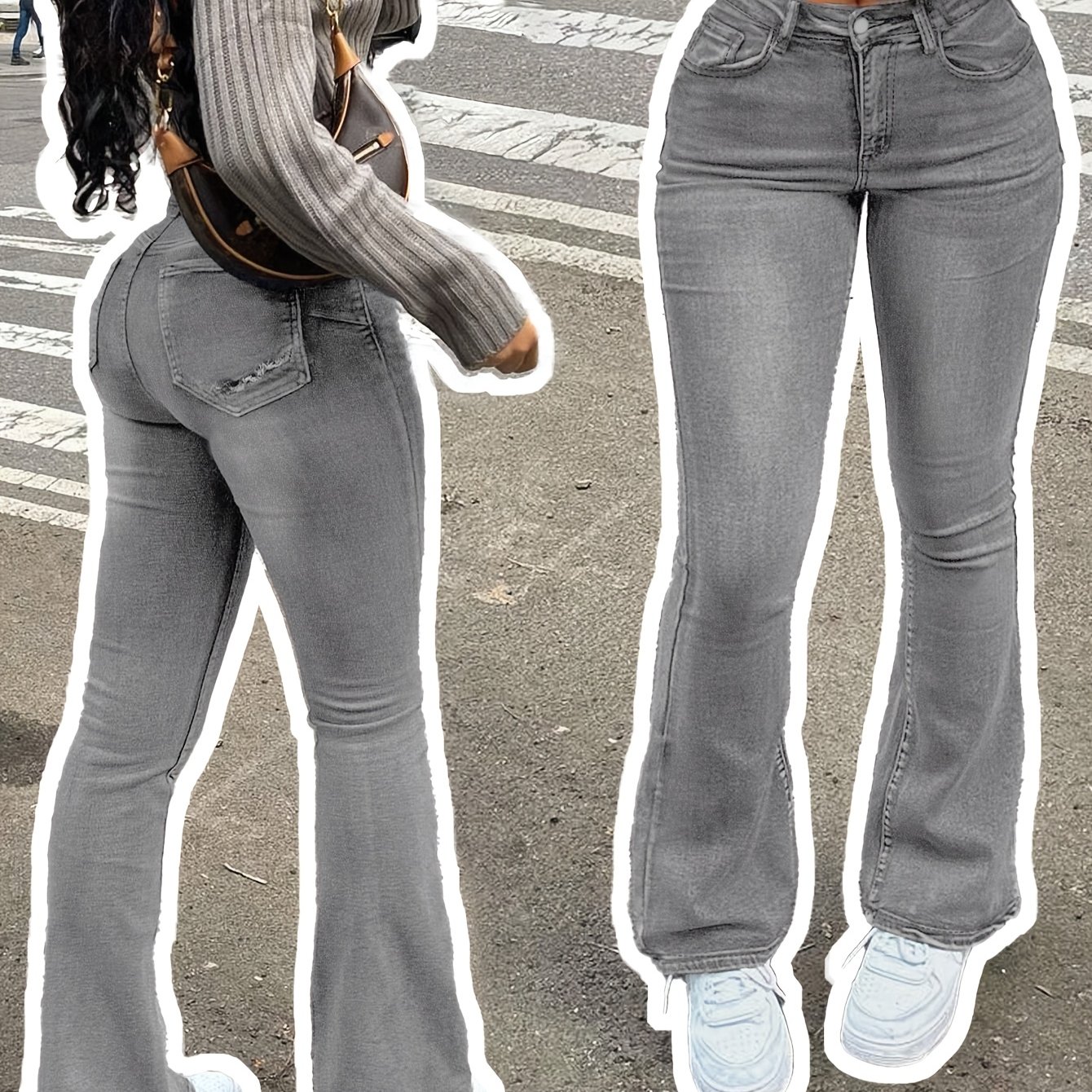 Image of Women's High-waisted Ripped Skinny Bell-bottom Jeans, Grey High-elasticity Slim-fit Bell-bottom Pants, Casual , Versatile Commuting, Women's Denim Jeans & Clothing