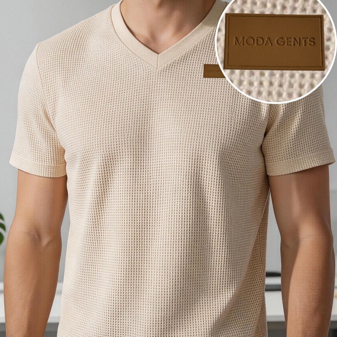 TEMU Men' Brand 95% Polyester V-neck Short Sleeve T-shirt - Waffle Knit Base Layer & Casual Solid Color Top, Suitable For Dates, Parties, Casual
