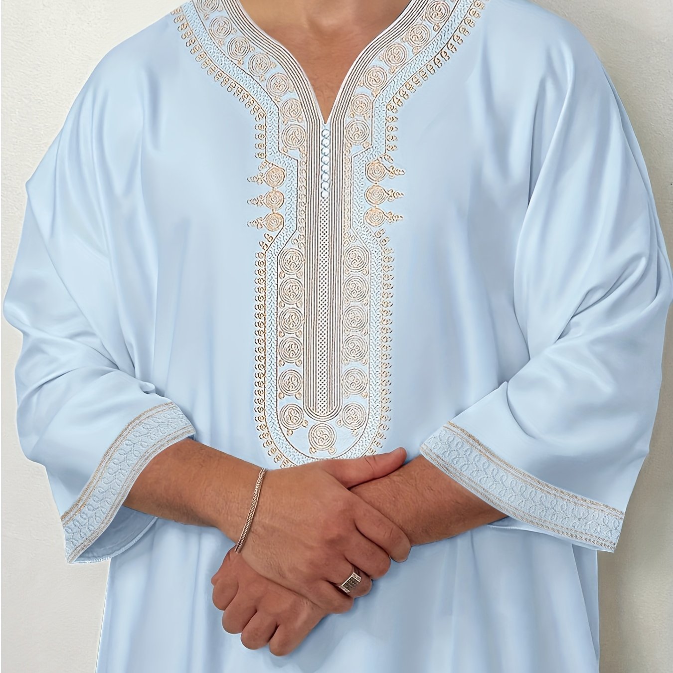 Image of Blue Men's Moroccan Short-sleeved Robe, Traditional Embroidered Casual Robe, Suitable For Traditional Festivals, Eid Al-fitr, Ramadan Festival Activities