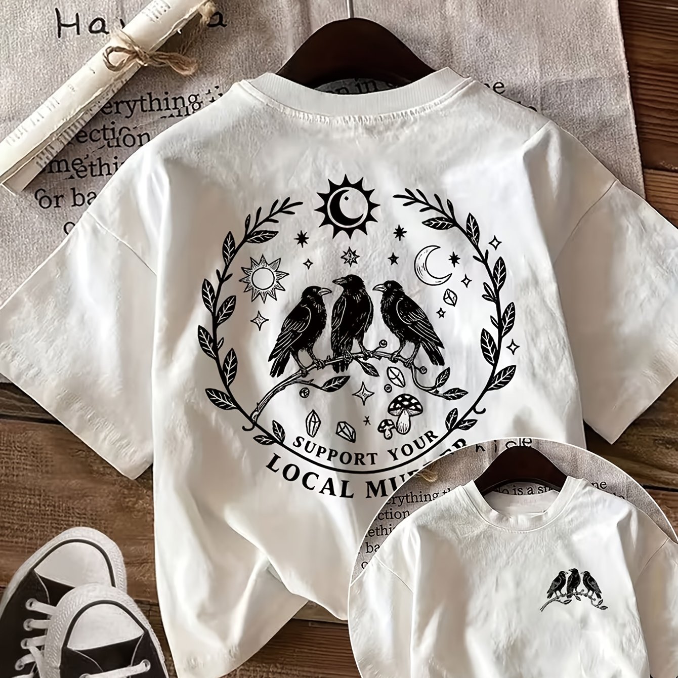TEMU Summer Casual Women's Top Featuring A Double-sided Print Design With Mysterious Crow And Patterns, Crew Neck, Solid Color Short-sleeve T-shirt