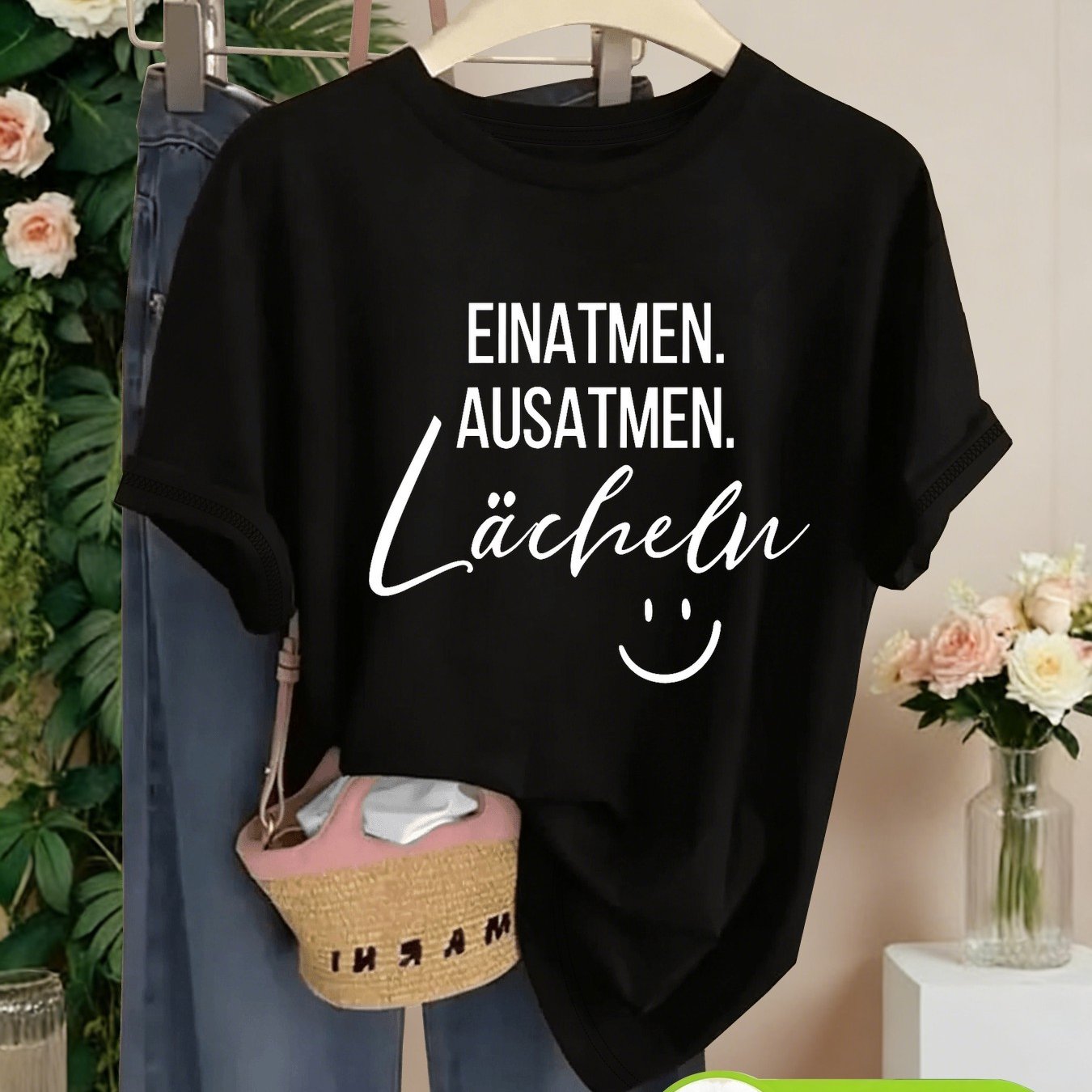 Image of Plus Size - Ladies' Pure Short-sleeved T-shirt, Printed With The German Text ". Breathe Out. Pattern, Soft, Skin-friendly And Breathable, Loose And Fit, Suitable For Daily Commuting, Leisure And Going