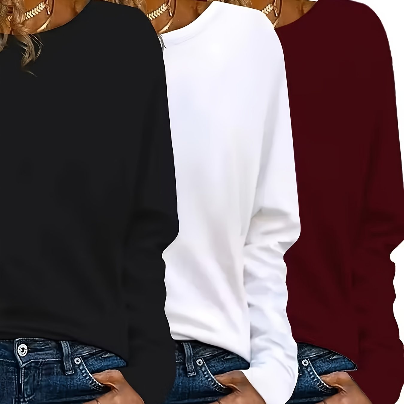 TEMU Y2K Lot de 3 T-shirts à Manches Longues de Couleur Unie pour Femme, Style Décontracté à Coupe Régulière, Convient à Toutes
