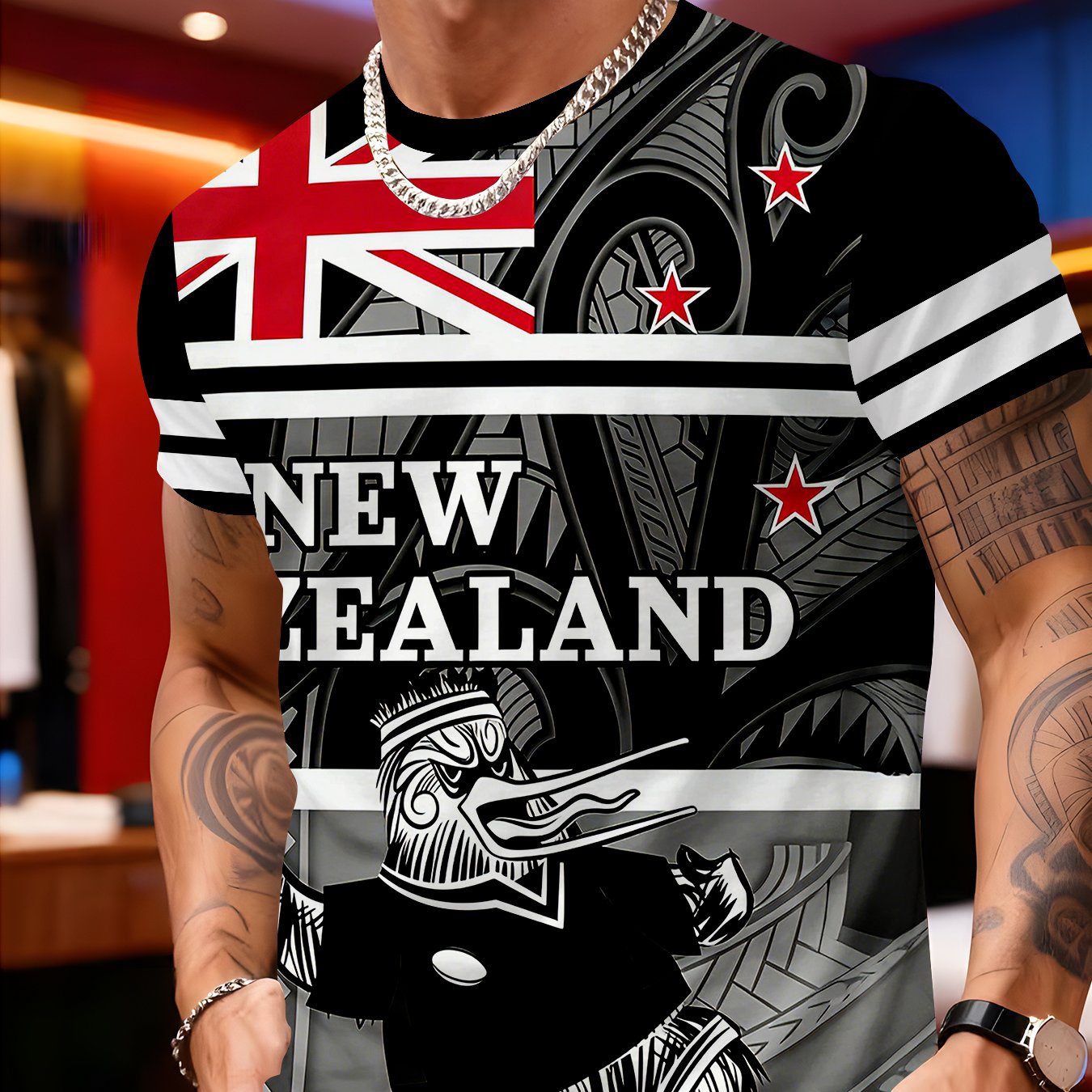 TEMU Athletic Style New Zealand Totem T-shirt, Men's Black White Red Contrast Round Neck Short Sleeve, Summer Breathable