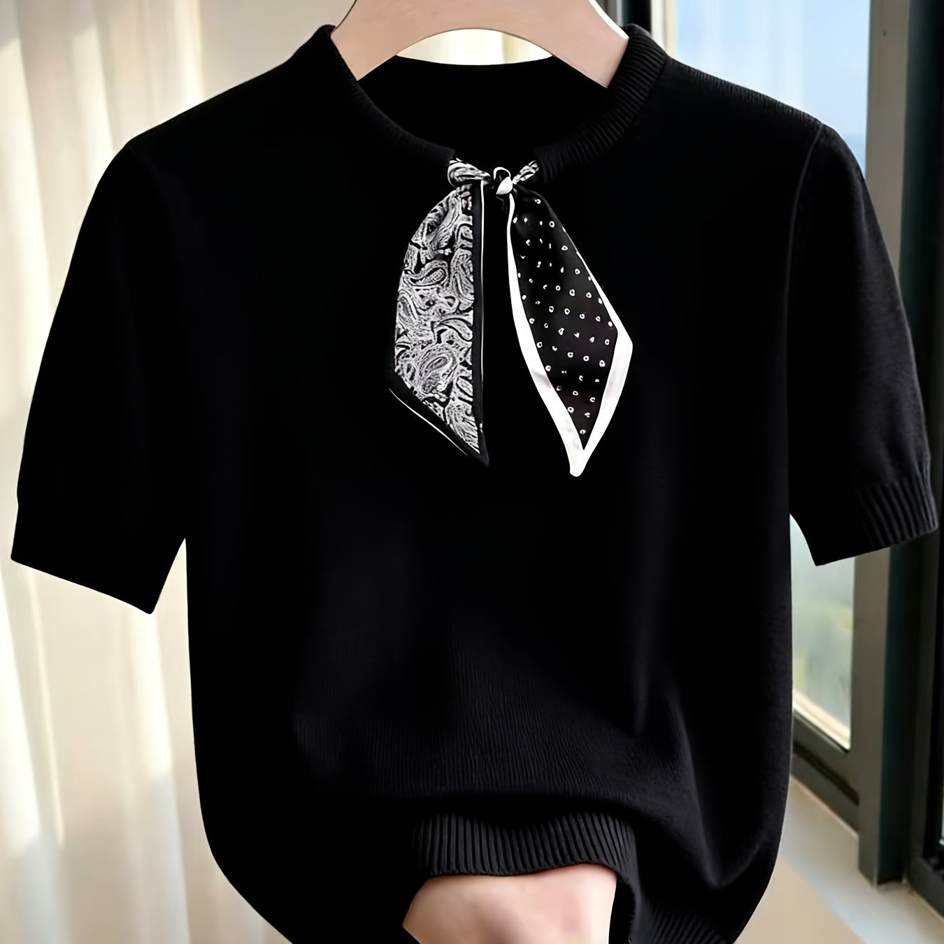 TEMU Pull à manches courtes, nœud papillon écharpe, style décontracté, idéal pour et