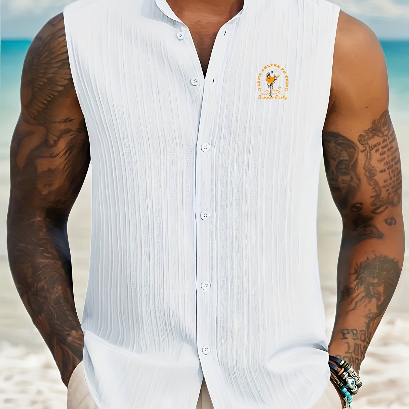 TEMU 2026 Men's Sleeveless Striped Stand Collar Shirt/island Vacation Casual Sleeveless Henley Shirt With Skull Grabbing A Wine Glass Cartoon Print