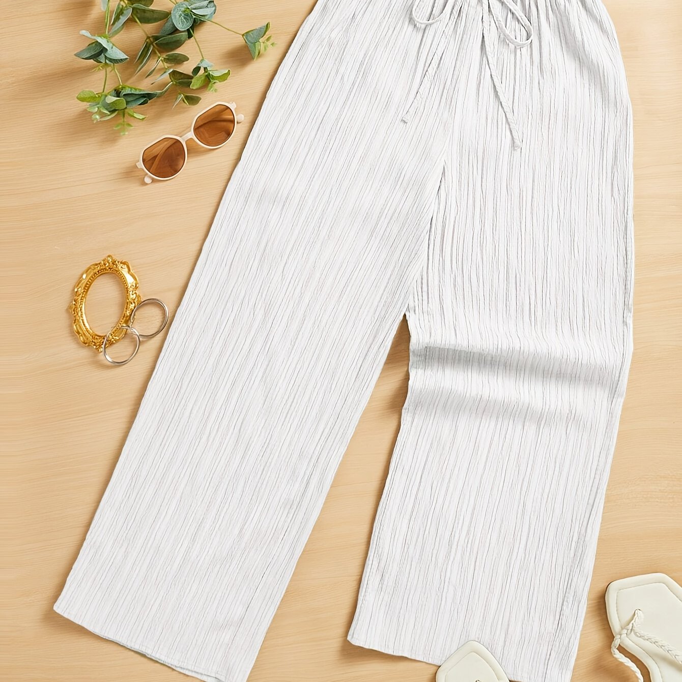 TEMU Women's Elegant Solid Color Textured Elastic Waist Straight Leg Pants