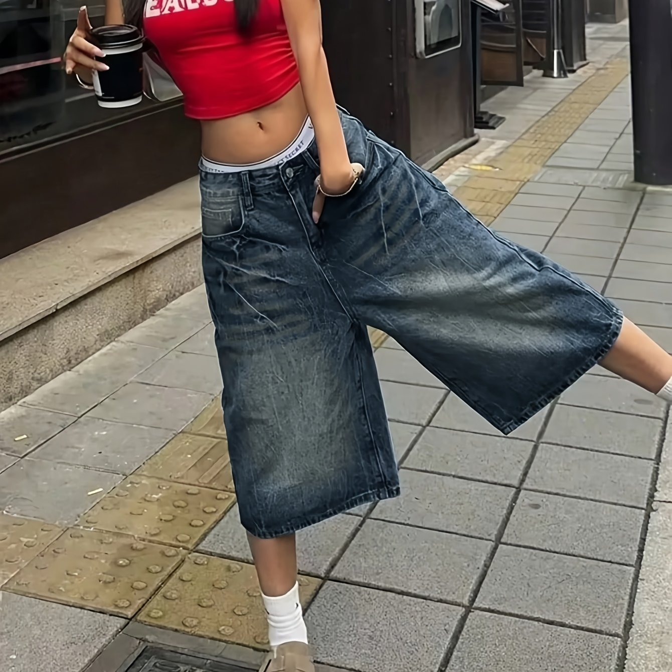Image of Street Vintage Washed Distressed Loose-fit Denim Shorts Streetwear 2026 Spring/summer New Hip-hop Lightning Print Cropped Pants