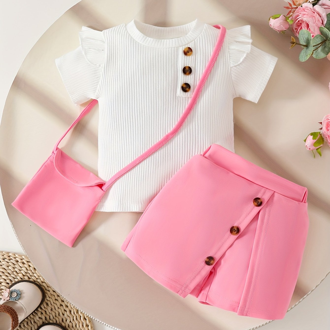 Image of 3pcs Set For Toddlers Featuring A Short-sleeve Top With Decorative Buttons Made Of Ribbed Fabric, Pants, And A Cute Baby Outfit, Perfect For Summer And Casual Wear, For Outdoor