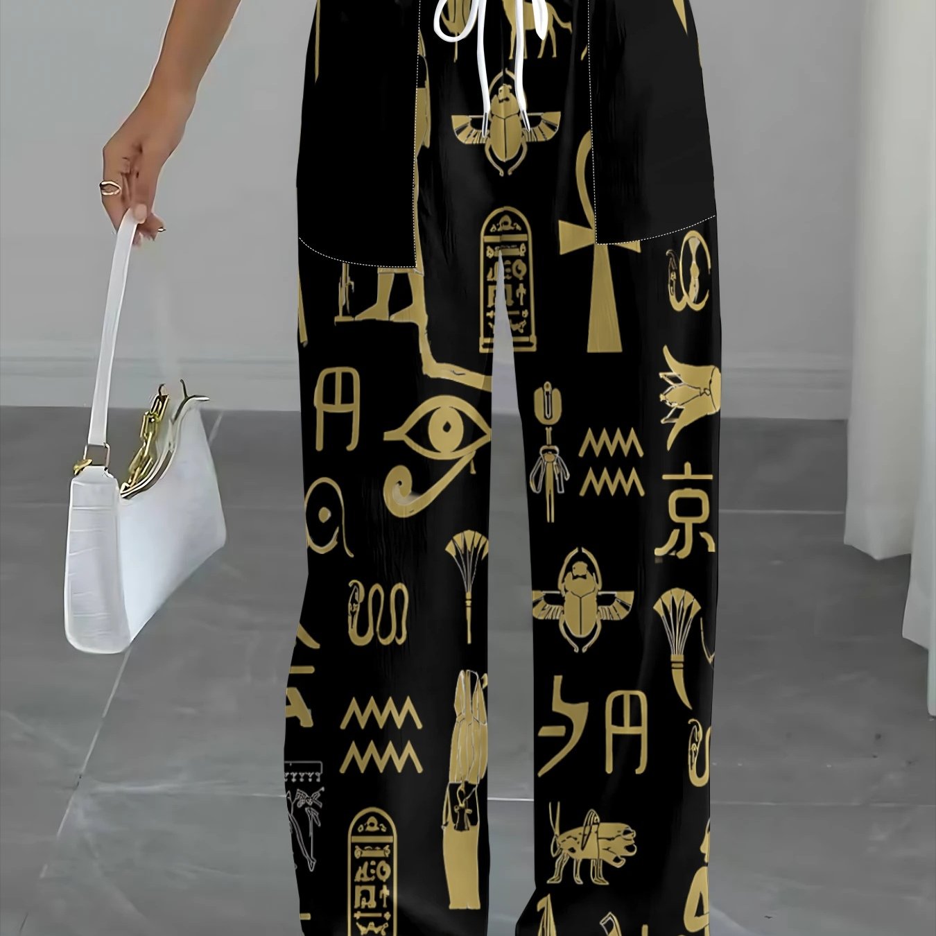 TEMU Retro Egyptian Hieroglyphic Print Straight Casual Trousers Women's High-waist Drawstring Side Pockets Black Golden Contrast Niche Historical