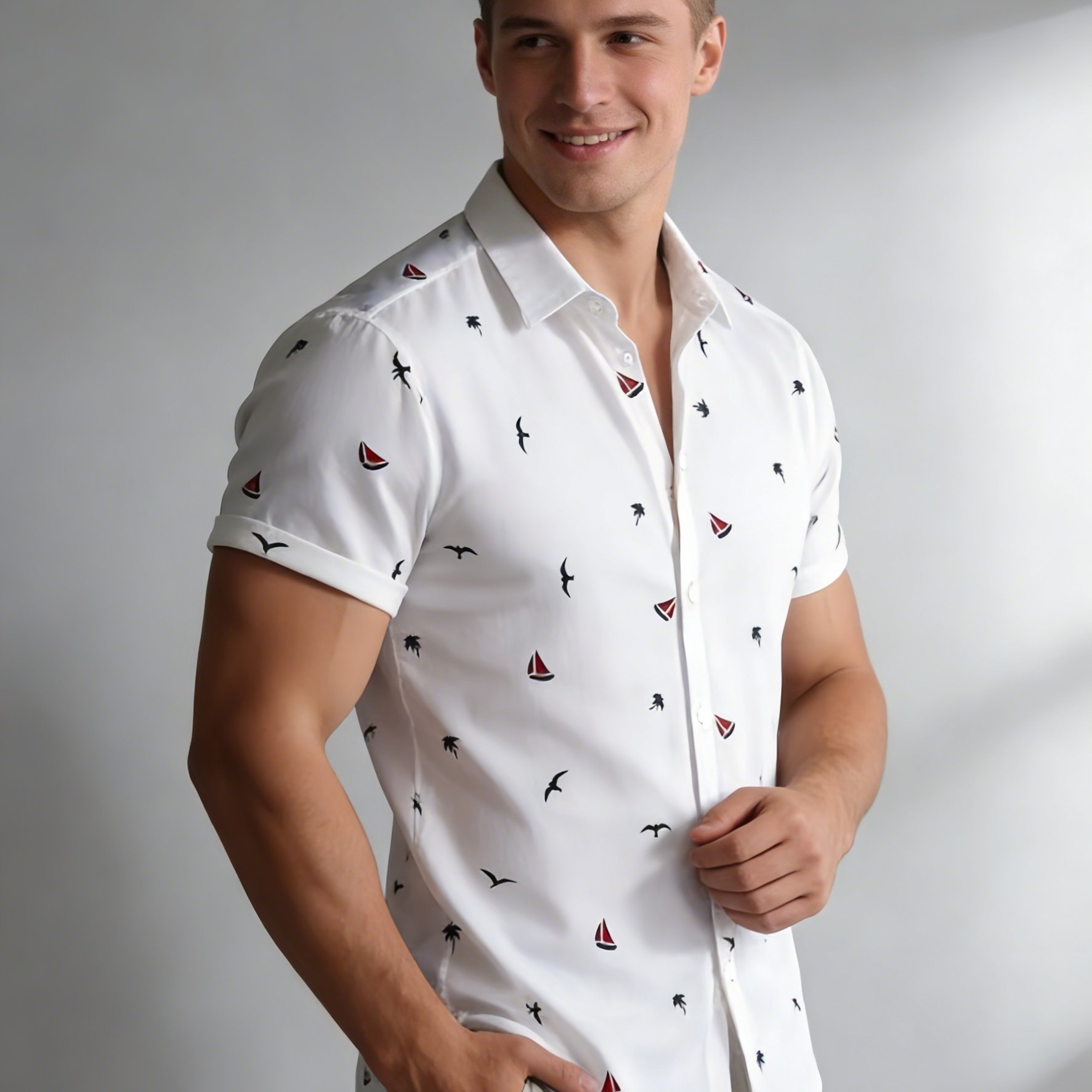 TEMU Men's & Women's Hawaiian Shirt - Short Sleeve Button-up Summer Beach Shirt With Sailboat Coconut Tree Print, Lightweight Breathable Fabric,