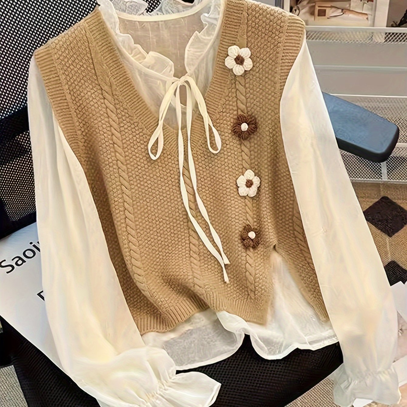 TEMU European And American Autumn-winter New Style Twisted Pattern Floral Pullover Vest Sweater Coat