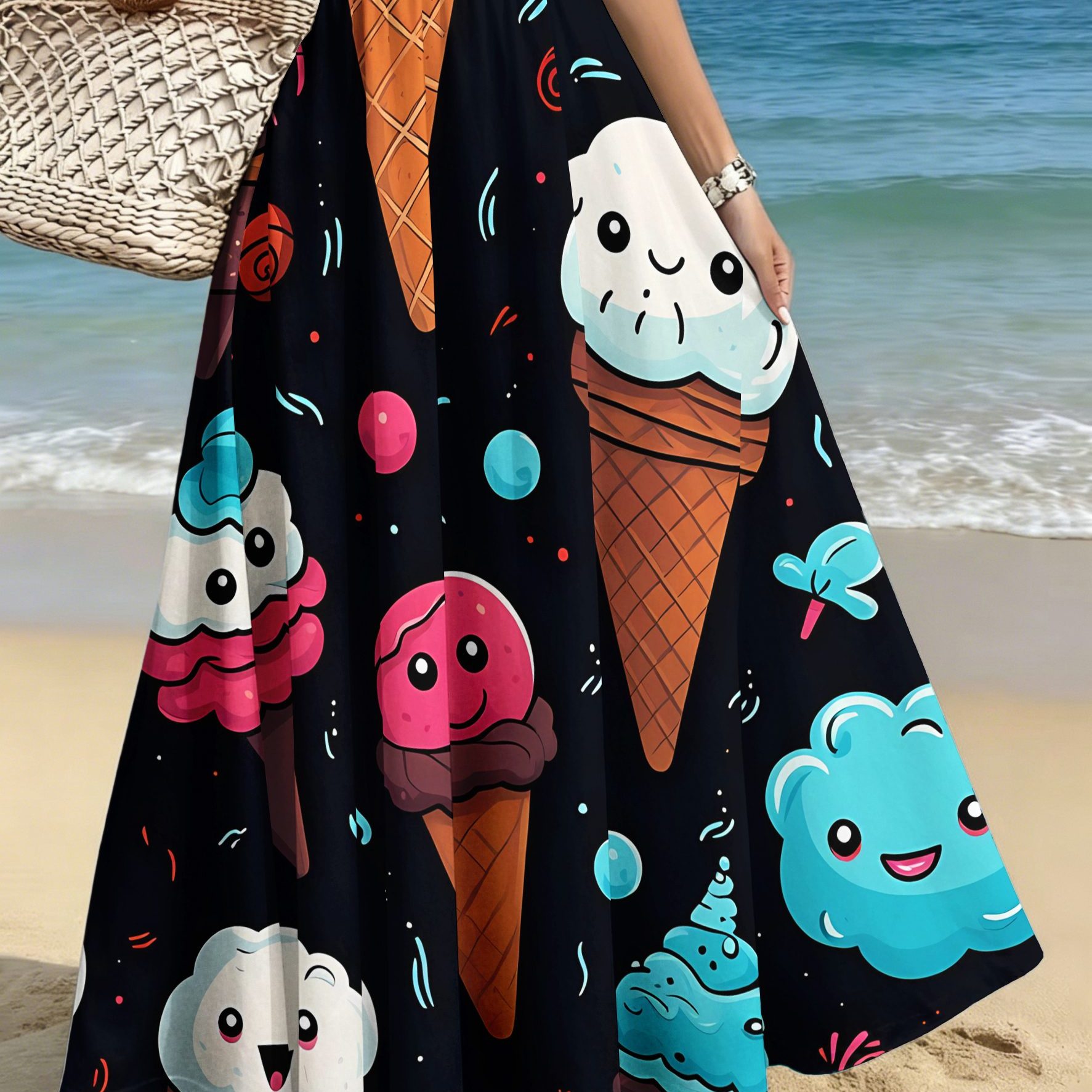 TEMU Plus Size Women's Elegant Fashion Skirt, Casual Printed Midi Dress, Cartoon Ice Cream Dessert Pattern, Commute/casual/date/party/beach Women's