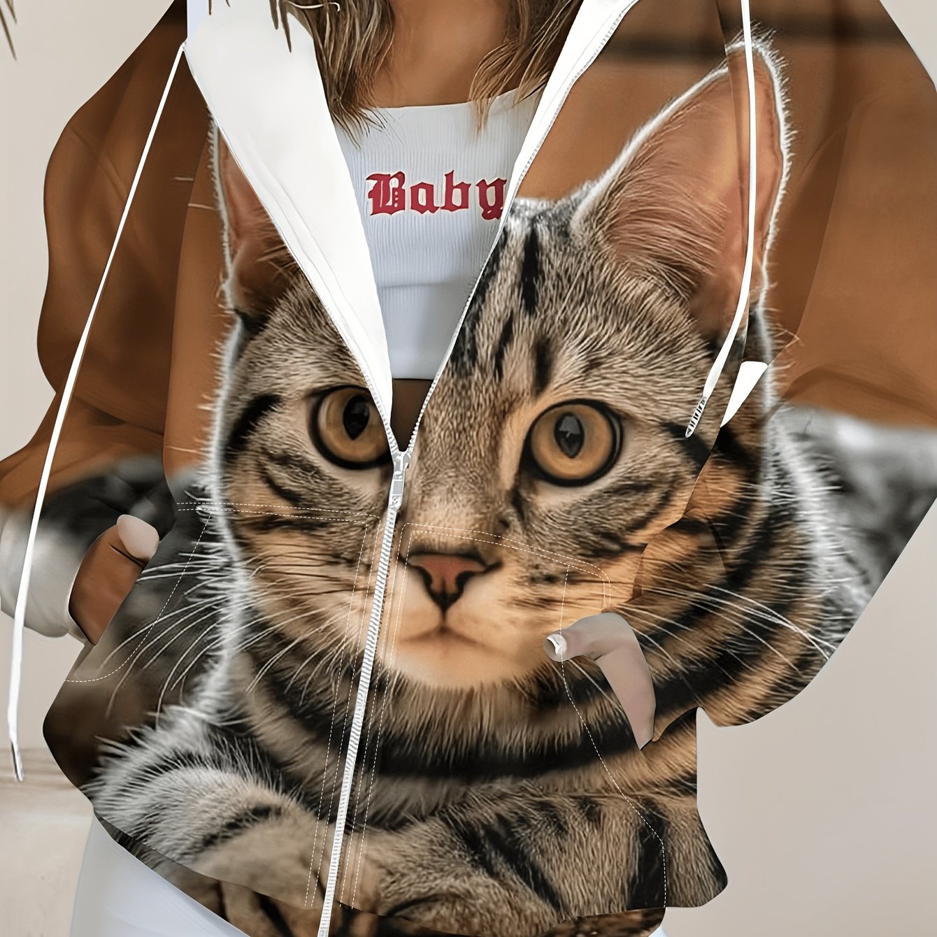 TEMU Plus Size - Plus Size - Striped Cat Pattern Women's Zip-up Hoodie, Fashionable And Comfortable, Plus Size Women's Zip-up Hooded Sweatshirt,