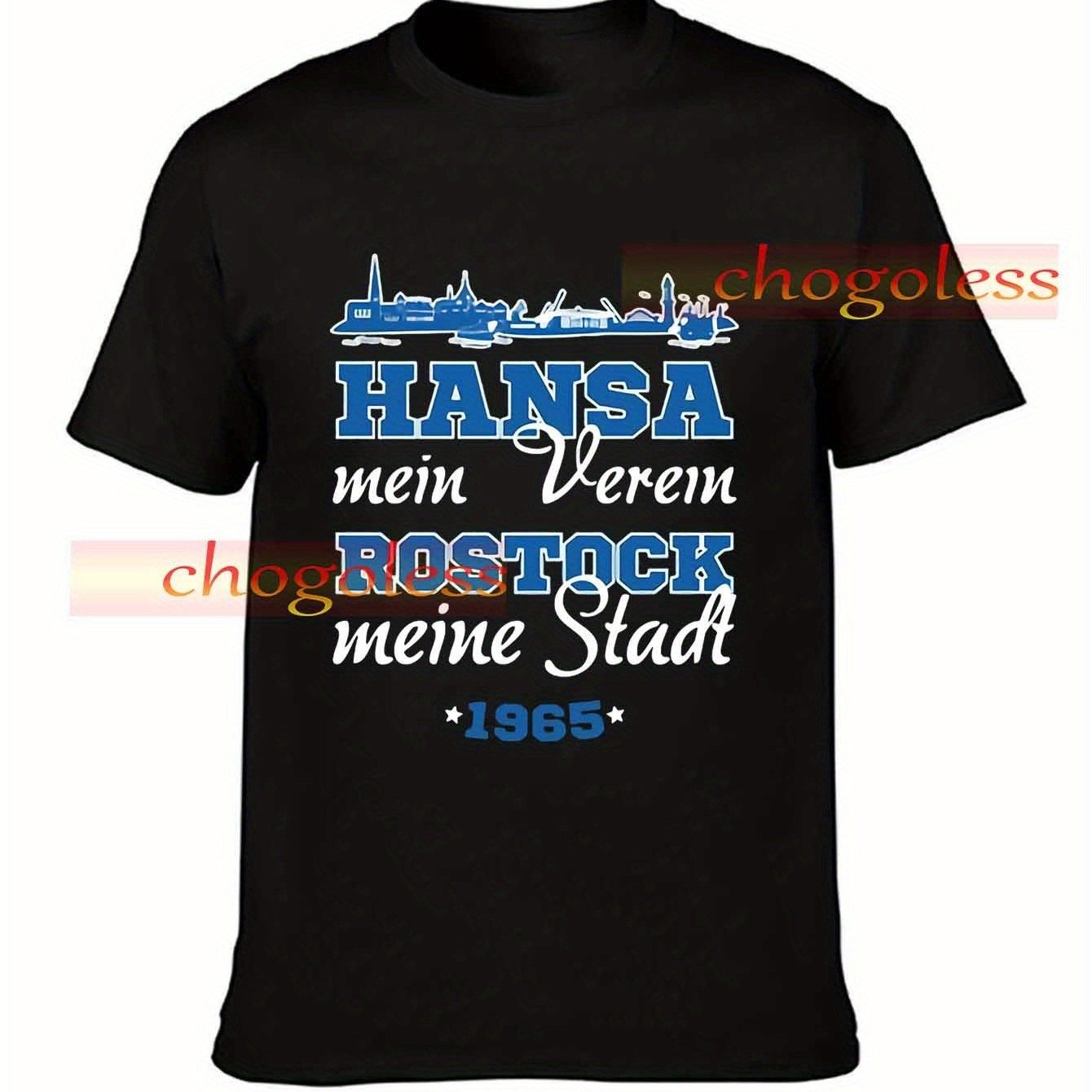 Plus Size Black T Shirt Men's Casual Fit Hansa Football 1965 Print Sports Fanwear Summer Season Casual Attire For Fans