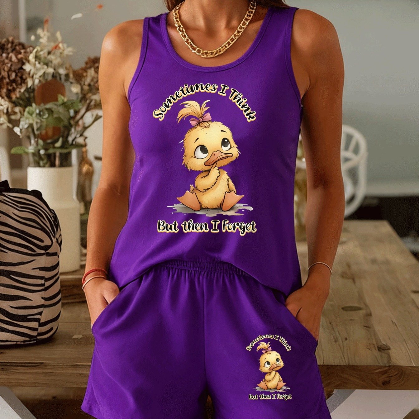 TEMU Cute Duck-themed Casual Outfit For Women, Featuring A Sleeveless Top And Shorts In Colors. The Set Includes ' But I .' A For Spring And Summer