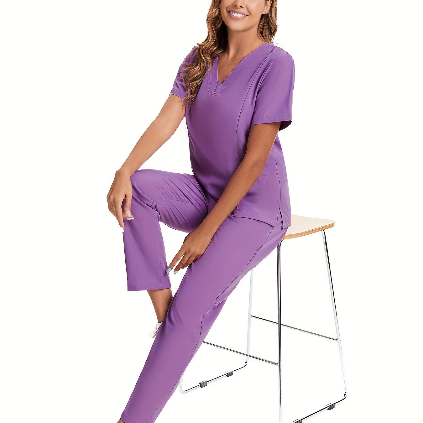 TEMU Fashionable Casual Short-sleeve Work Uniform Set For Women, Suitable For Dental And Beauty Care