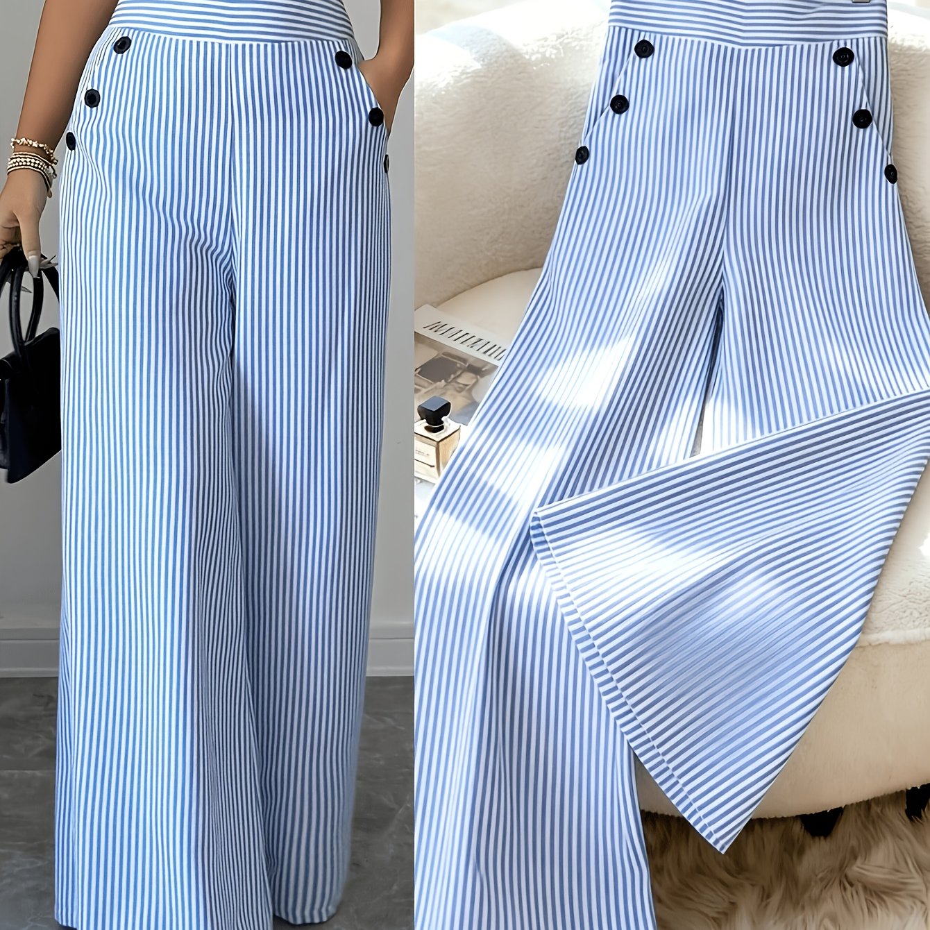TEMU Hmy Blue White Striped Button--waist Wide-leg Pants And